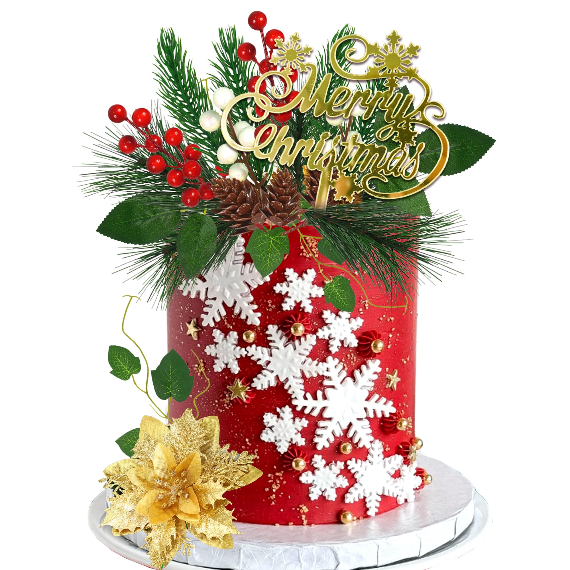 Merry Christmas Cake Topper Decorations - Artificial Pine Needles, Pine Cones & Berries for Holiday Party Cakes | Perfect for Christmas Theme Parties, Wedding Cakes & Festive Dessert Decorations