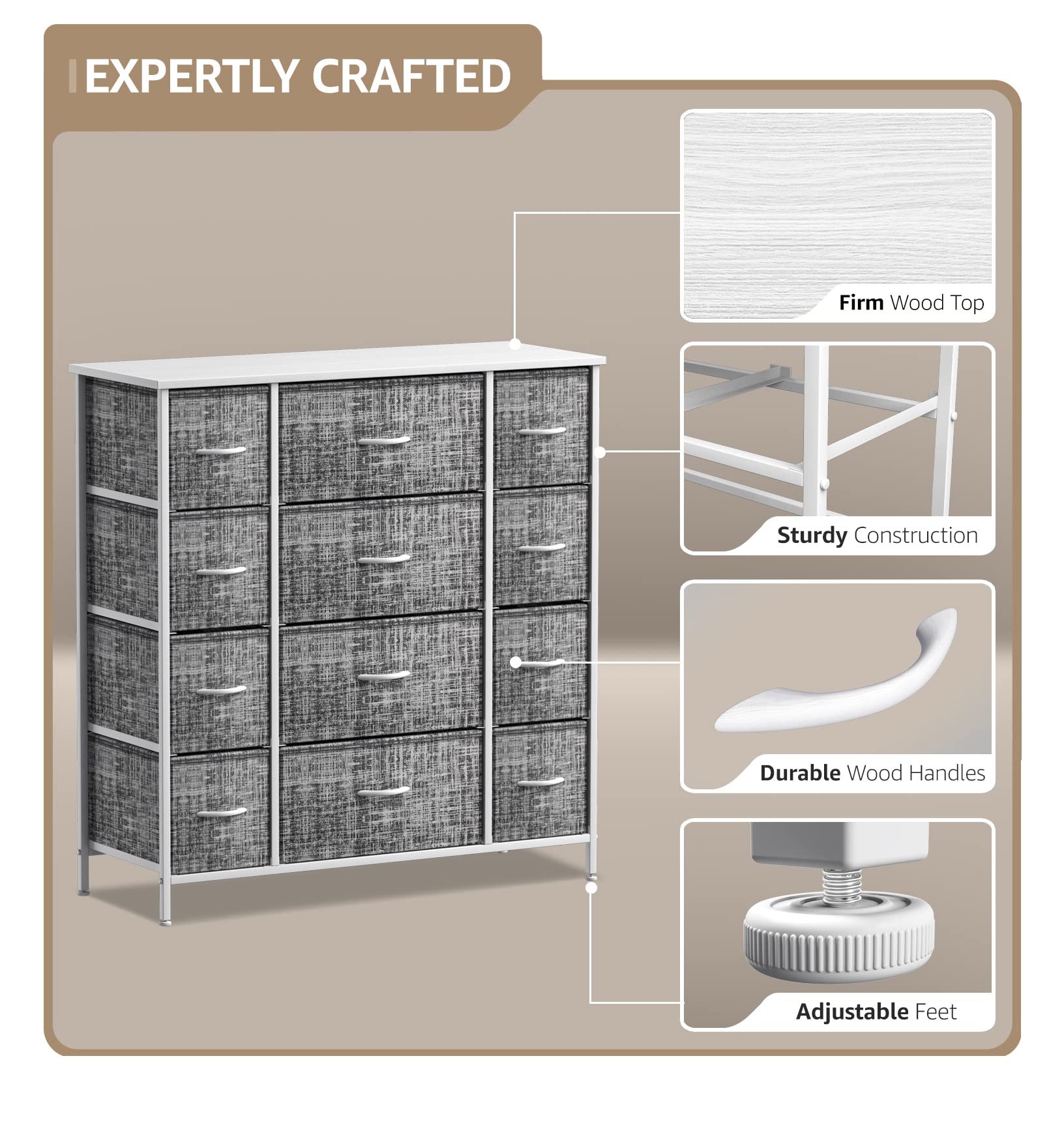 Sorbus 12-Drawer Dresser with Steel Frame & Wood Top - Large Storage Chest Organizer with Easy Pull Fabric Bins for Clothes - Perfect for Bedroom, Hallway, Living Room, Nursery & Closet Organization - Sturdy Storage Furniture for Home & Office Use