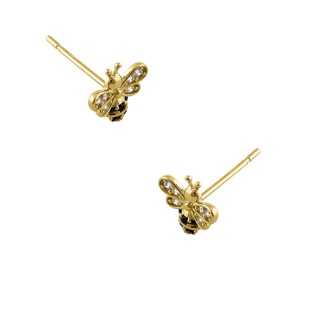 14K Yellow Gold Honey Bee Stud Earrings with Black CZ Stones - Elegant Jewelry for Women, Perfect for Parties, Weddings & Everyday Wear
