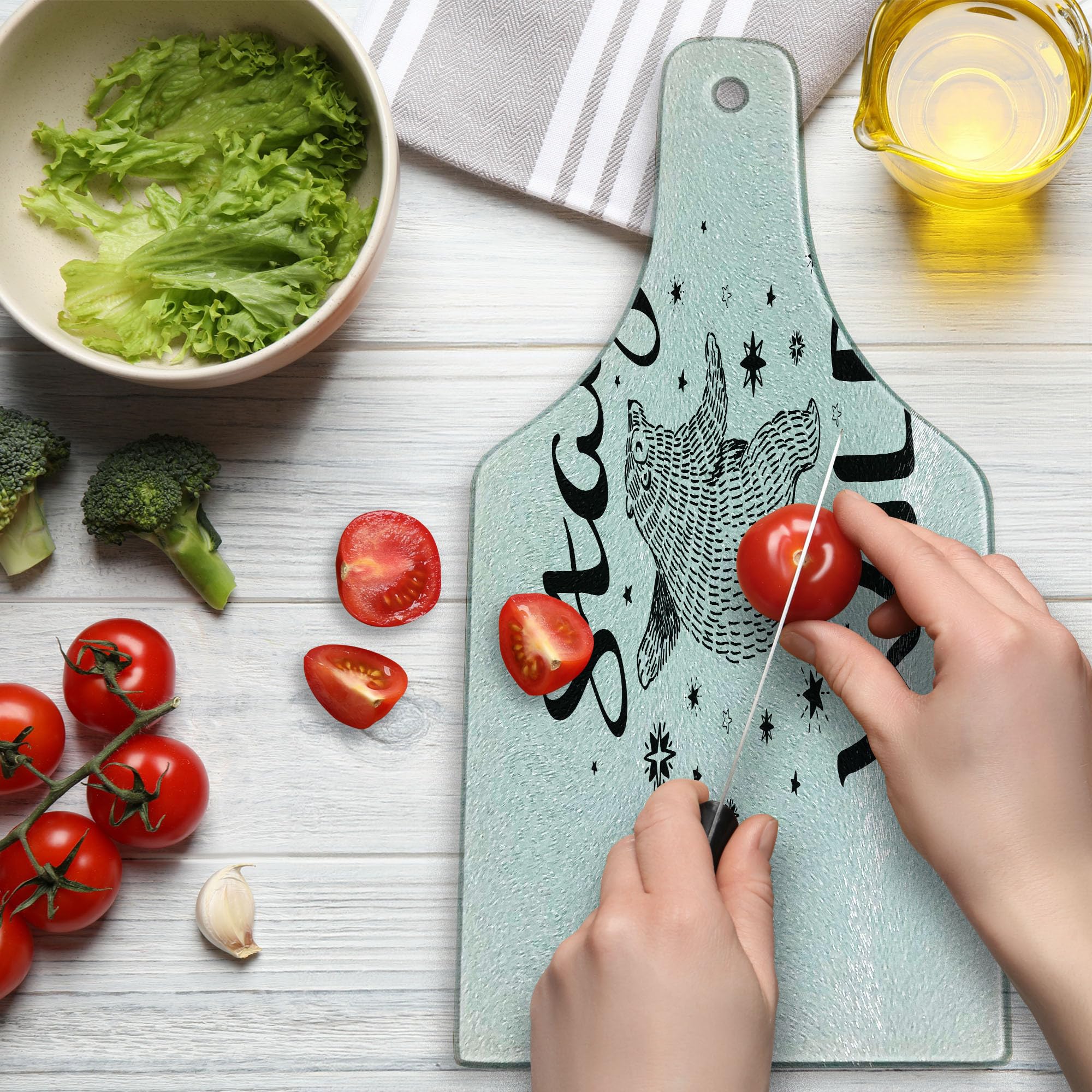 Ambesonne Bear Themed Tempered Glass Cutting Board - Hand Drawn Dancing Animal Design with Inspirational 