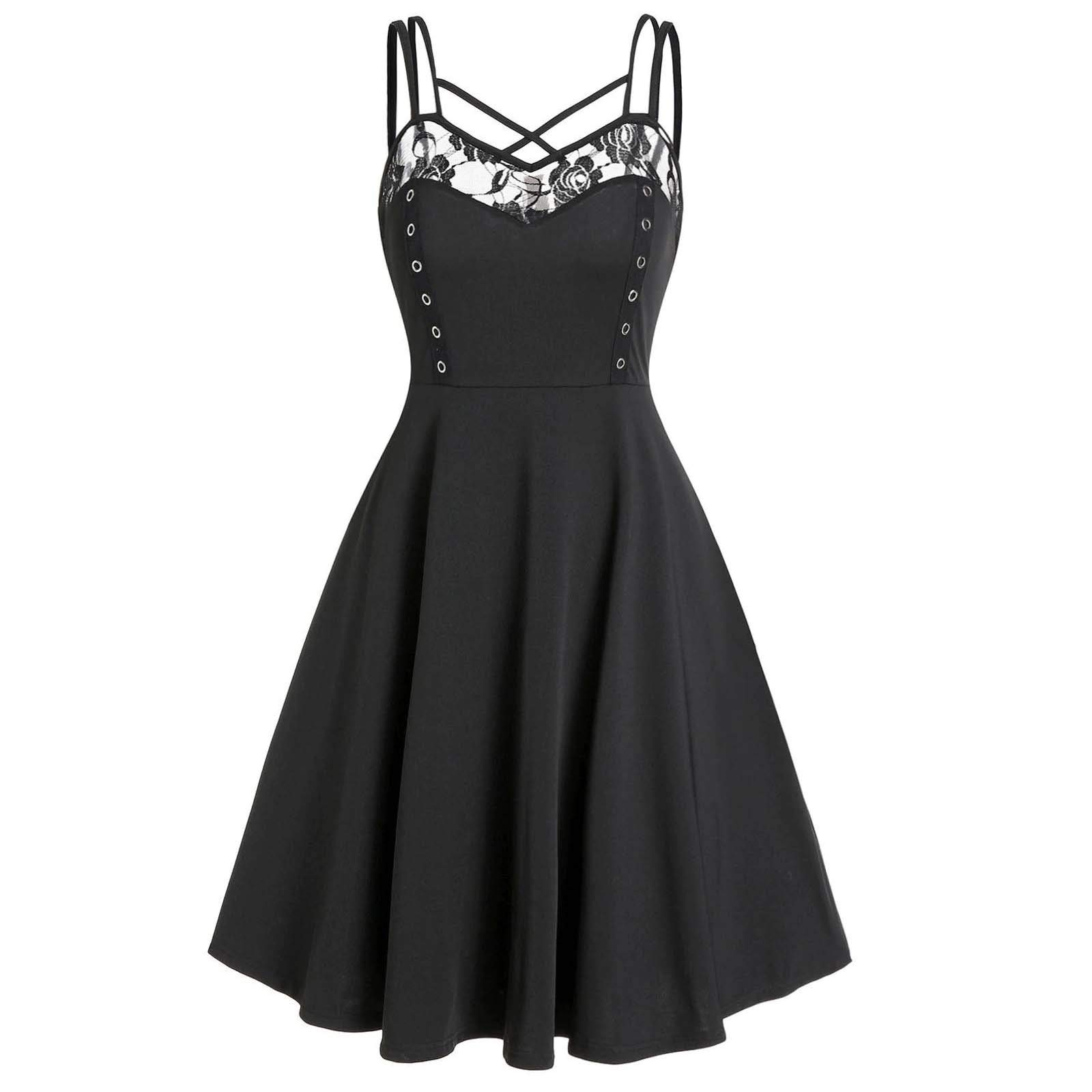 Gothic Lace Top Summer Dress for Women - Flared Swing Casual Party & Beach Dress with Criss Cross Design | Perfect for Outdoor Events, Vacations & Night Out