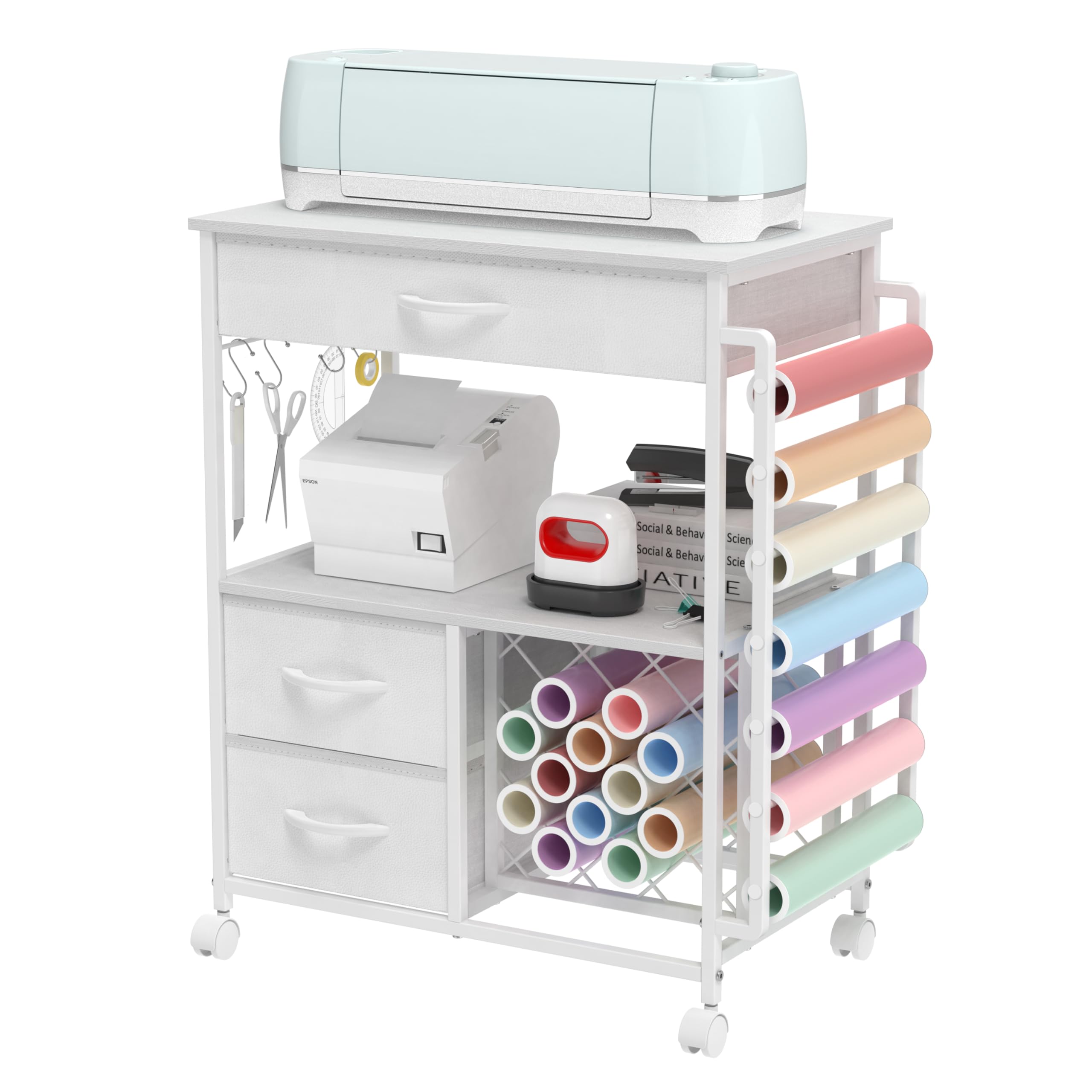 White Rolling Craft Storage Cart with Drawers & Vinyl Roll Holder - Compatible with Cricut Machines, Cutting Machine Stand - Perfect for Craft Room Organization, Scrapbooking & DIY Projects