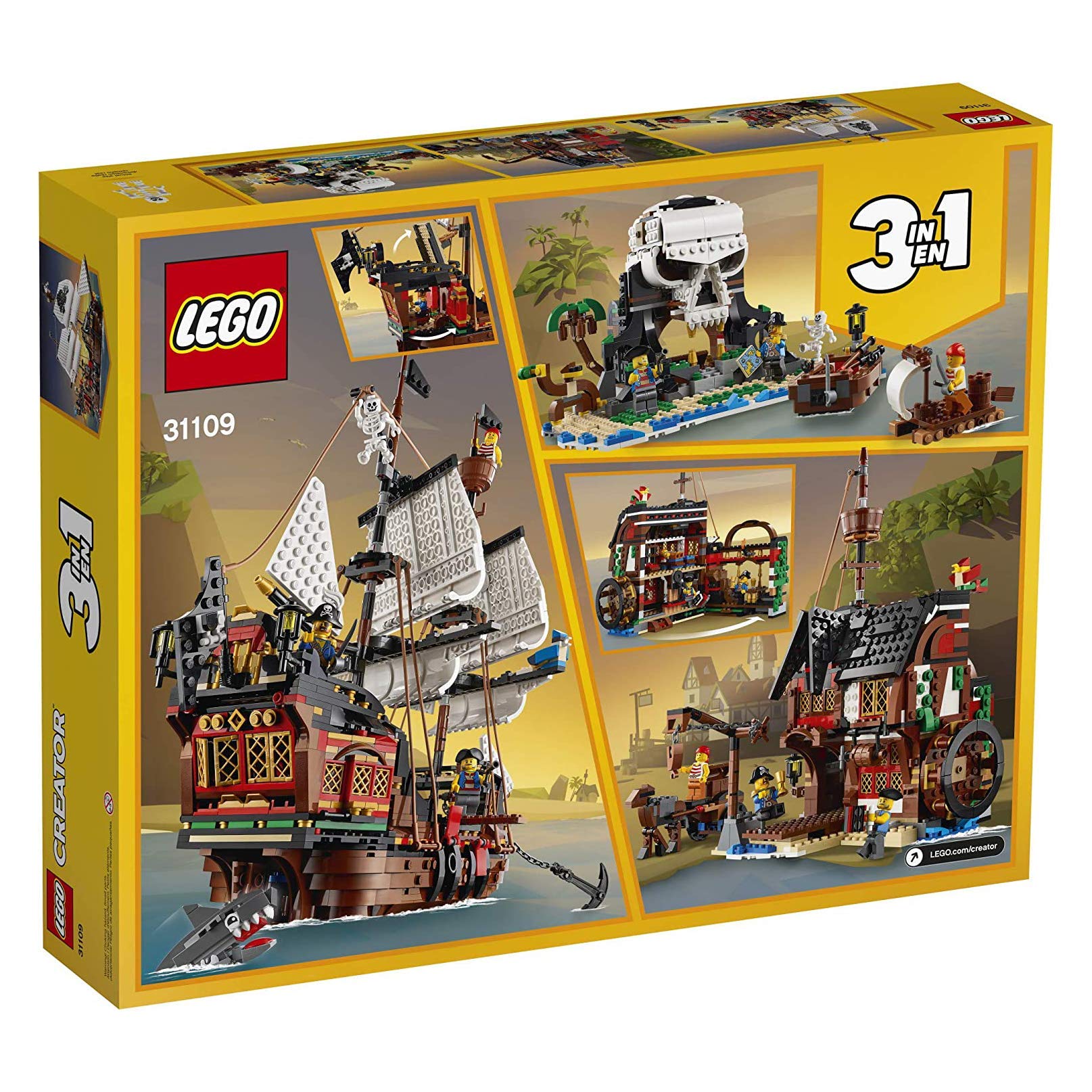 LEGO Creator 3-in-1 Pirate Ship Building Set 31109 - Buildable Toy Ship with 4 Minifigures & Shark - Convertible to Pirate Inn or Skull Island - Creative STEM Gift for Boys & Girls Ages 9+ - Perfect for Birthday Gifts, Playroom Decor & Imaginative Adventures
