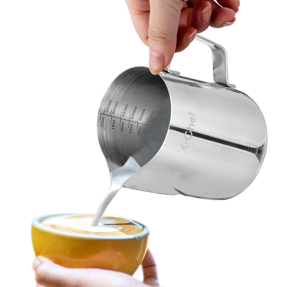 X-Chef 20 oz Stainless Steel Milk Frothing Pitcher - Professional Barista Tool for Espresso, Latte & Cappuccino - Perfect for Coffee Shops & Home Brewing (600ml)