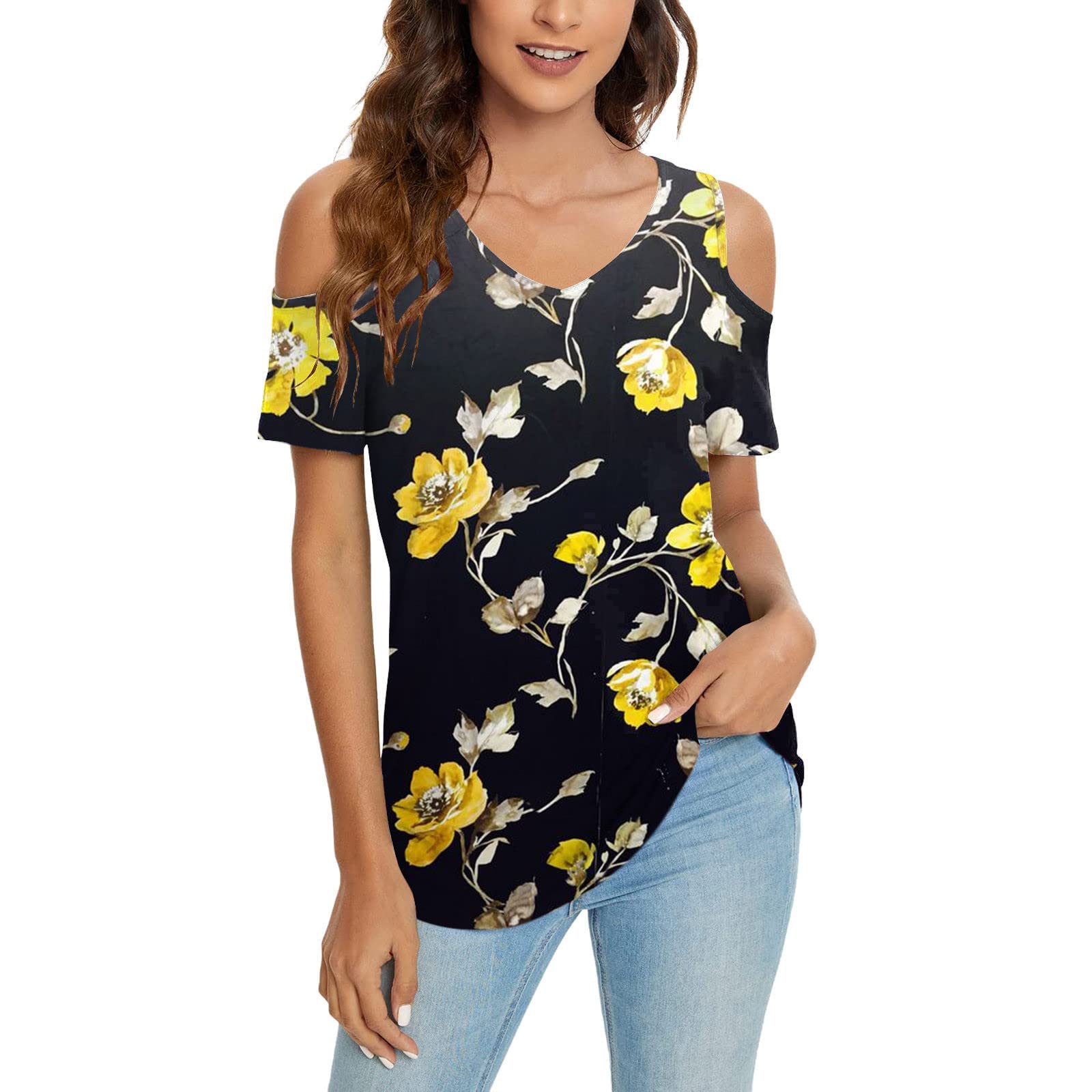Women's Summer Cold Shoulder Tops 2022 - Floral Print V-Neck Short Sleeve Loose Fit T-Shirts | Casual Going Out Tees for Beach, Party & Vacation