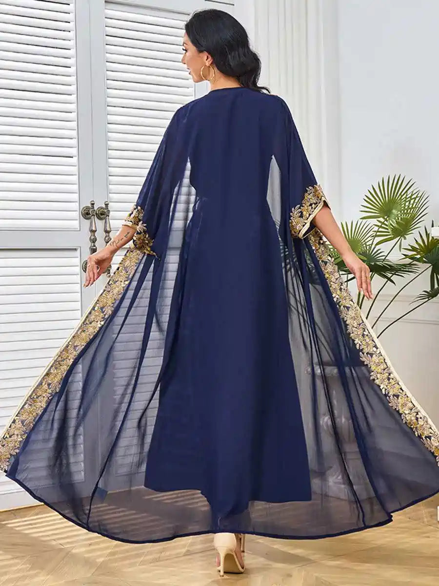 Elegant Beaded Eid 2-Piece Set - Batwing Sleeve Farasha Kaftan Dress for Women | Perfect for Eid Celebrations, Weddings & Special Occasions (#25264)