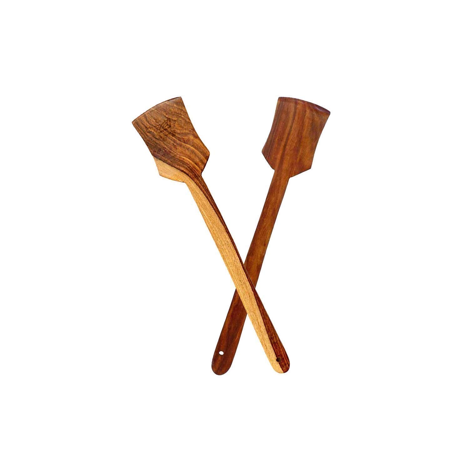 Premium Wooden Cooking Spoons Set of 2 - Non-Toxic Handmade Wooden Spatula for Cooking, Baking, Roasting, Grilling & Boiling | Ideal for Dosa, Roti & Pancake Flipping | Eco-Friendly Kitchen Utensils for Healthy Cooking