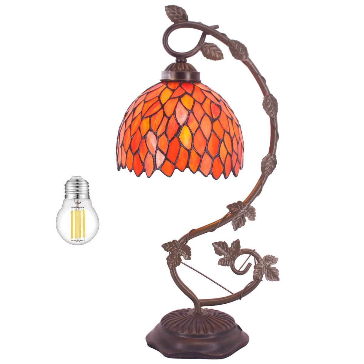 WERFACTORY Tiffany Style Stained Glass Table Lamp - Red Wisteria Design with Metal Leaf Base, 8x10x21 Inches, Desk Lamp for Reading, Bedroom, Home Office Decor | Perfect for Small Spaces, Vintage Home Lighting, Gift Idea