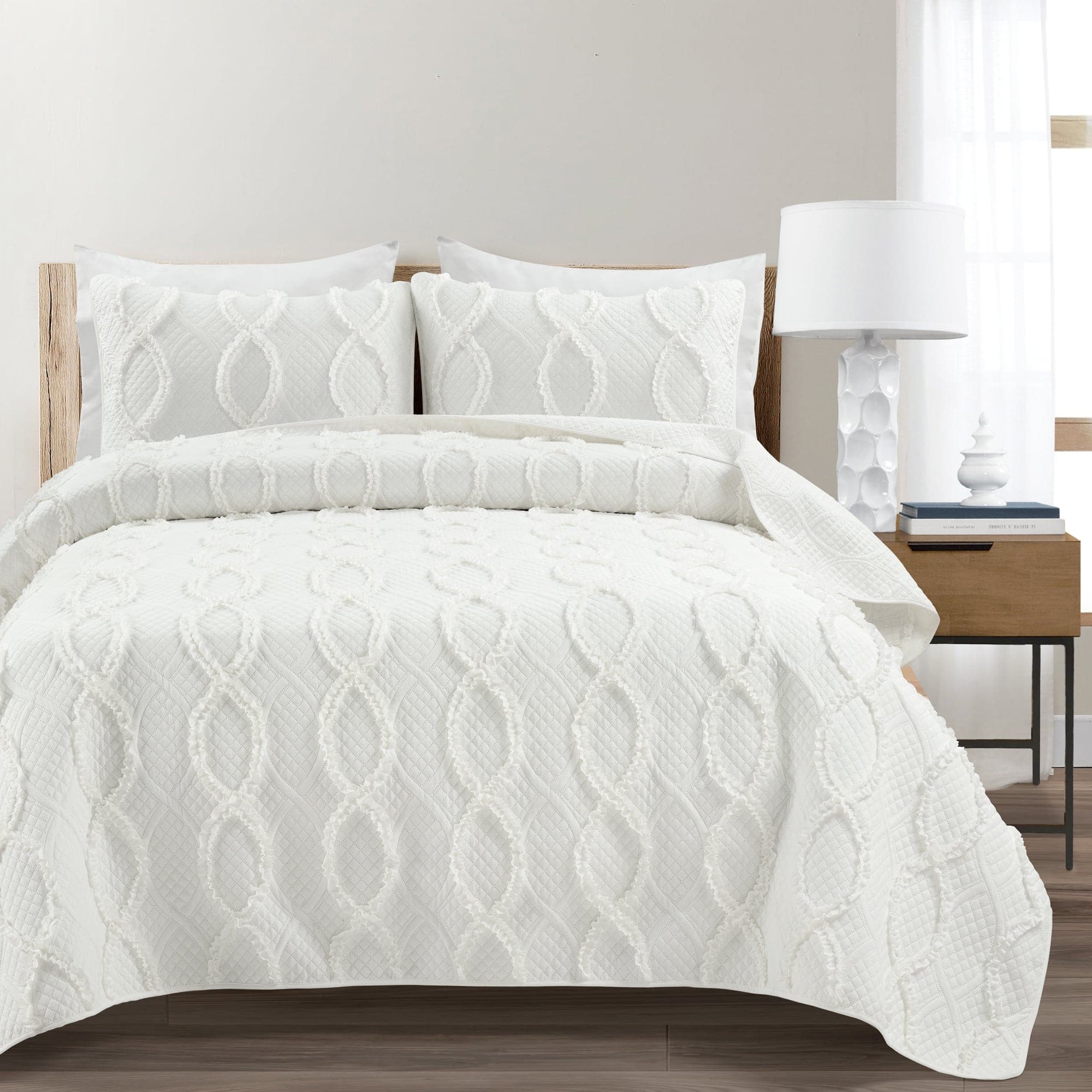 Avon Textured Ruffle Quilt 3-Piece Bedding Set - Soft & Stylish Comforter, Pillow Shams & Bed Skirt for Cozy Bedroom Decor
