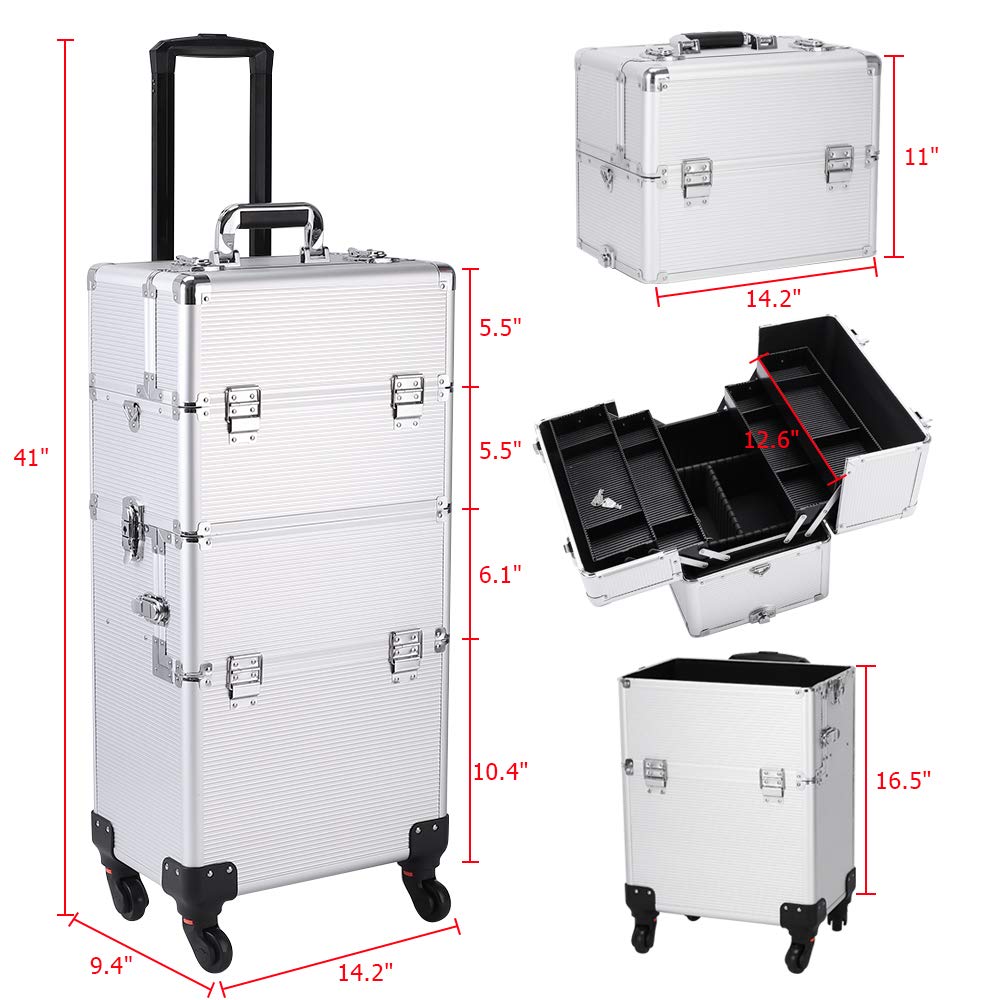 3 in 1 Professional Rolling Makeup Train Case - Aluminum Cosmetic Organizer with 4 Removable Wheels & Lockable Keys (Silver) | Perfect for Makeup Artists, Hairstylists & Beauty Professionals On-The-Go