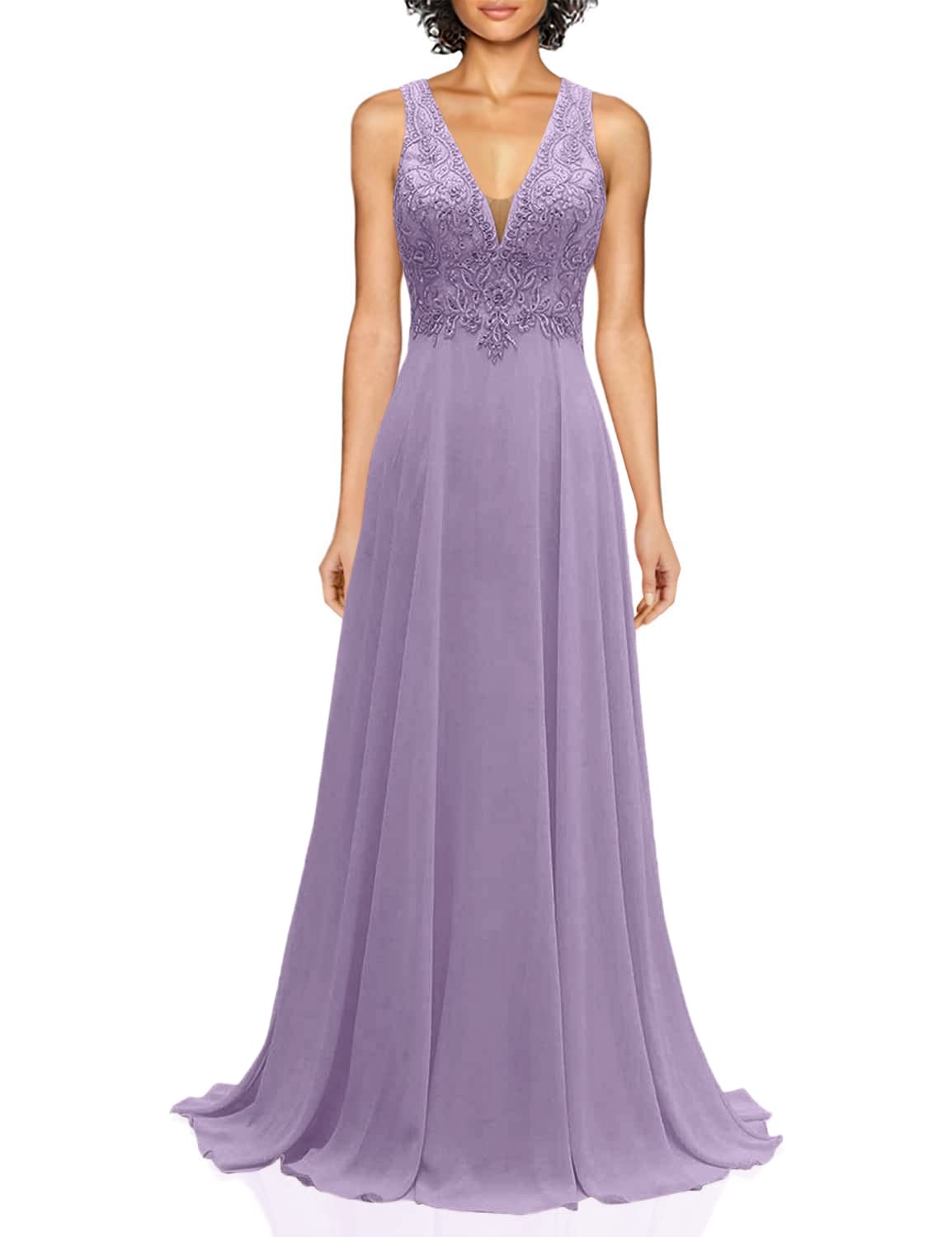 Elegant Lace Appliques Chiffon Bridesmaid Dress - Long V-Neck A-Line Formal Evening Gown for Women | Perfect for Weddings, Proms, and Special Occasions
