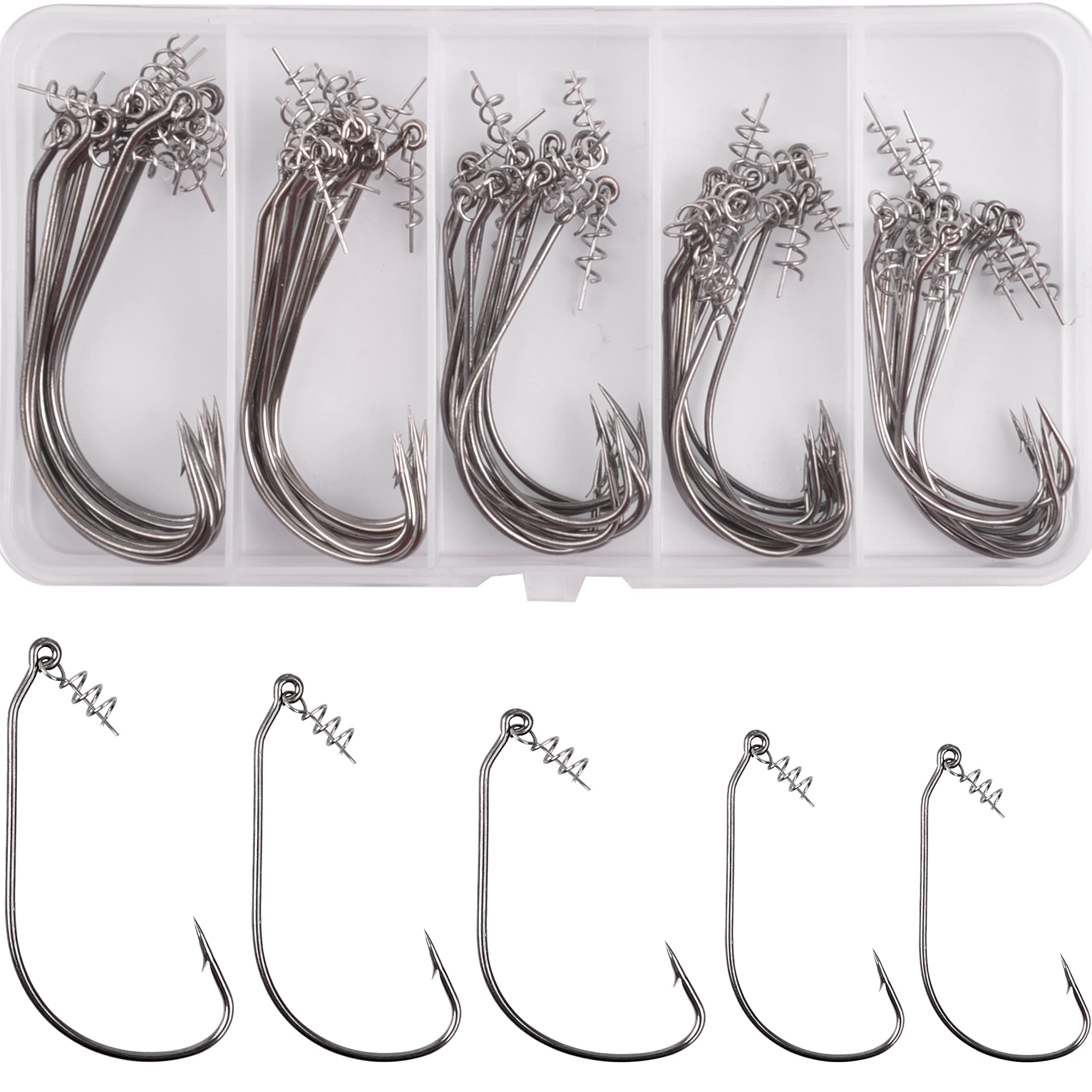 50pcs Bass Hooks Worm Hooks - Twistlock Fishing Hooks with Centering Spring Pin | Weedless Swimbait Hooks for Soft Fishing Lures (Size 1/0-5/0) | Perfect for Freshwater Bass Fishing & Saltwater Angling