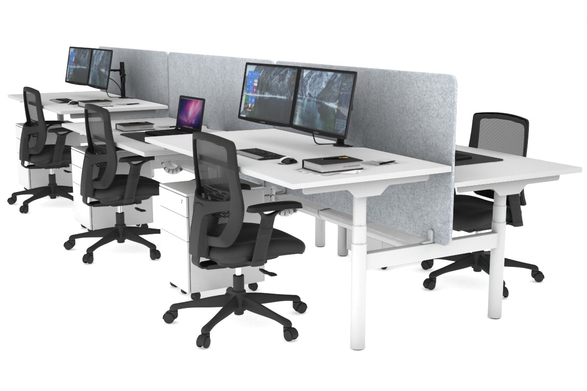 Flexi Premium Height Adjustable 6-Person H Bench Workstation - White Frame [1600L x 800W with Cable Management] - Ideal for Office, Coworking Spaces & Collaborative Work Environments