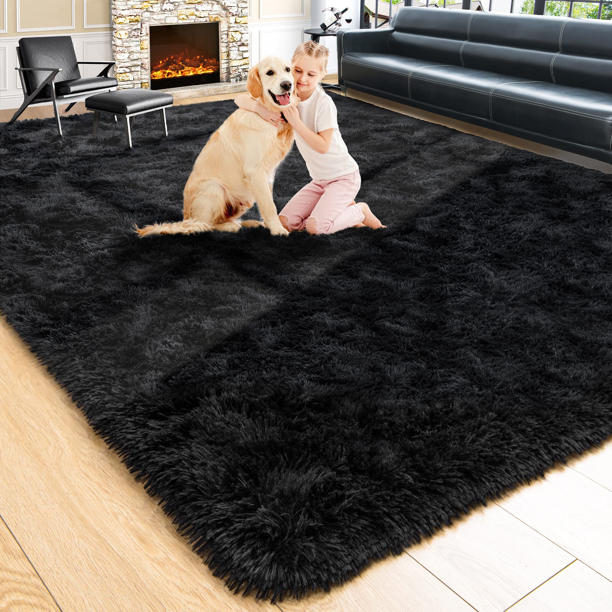 Noahas Fluffy Black 6x9 Area Rugs - Ultra Soft Shaggy Plush Carpet for Living Room, Bedroom, Dorm - Thick Non-Slip Large Rug for Home Decor, Cozy Floor Mat - Perfect for Family Rooms, Nursery & Pet-Friendly Spaces