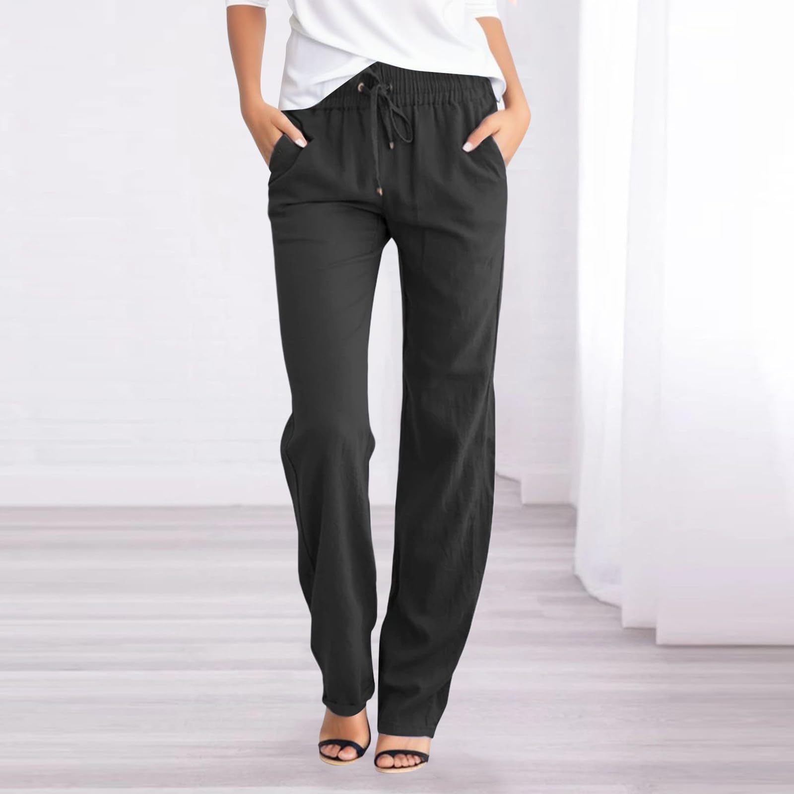 Women's High Waist Linen Pants - Casual Wide Leg Summer Palazzo Trousers with Drawstring & Pockets | Comfortable Beachwear & Boho Outfit | Small Size in Black #A1