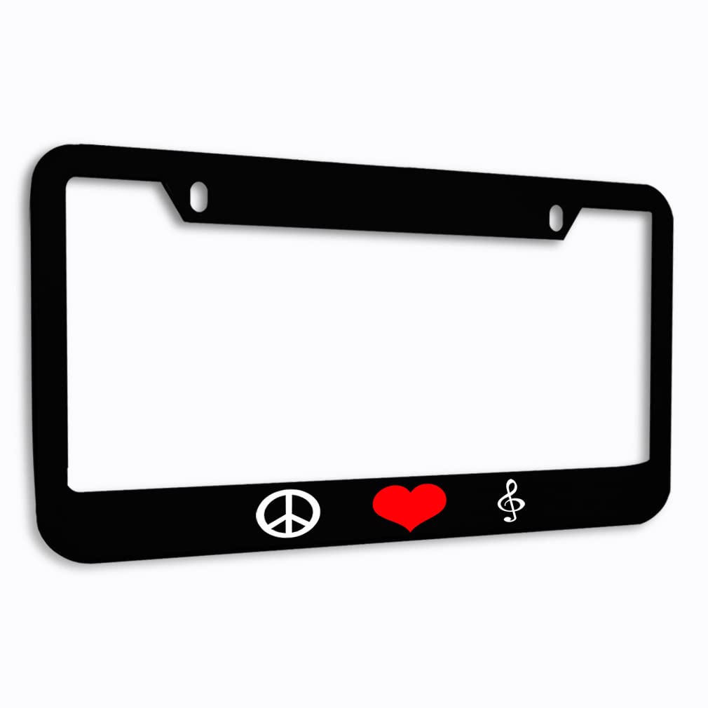 Black Heavy Duty Metal Zinc License Plate Frame - Weatherproof Tag Holder with 2 Holes for Cars | Peace Love Music Design | Perfect for Car Enthusiasts & Road Trips