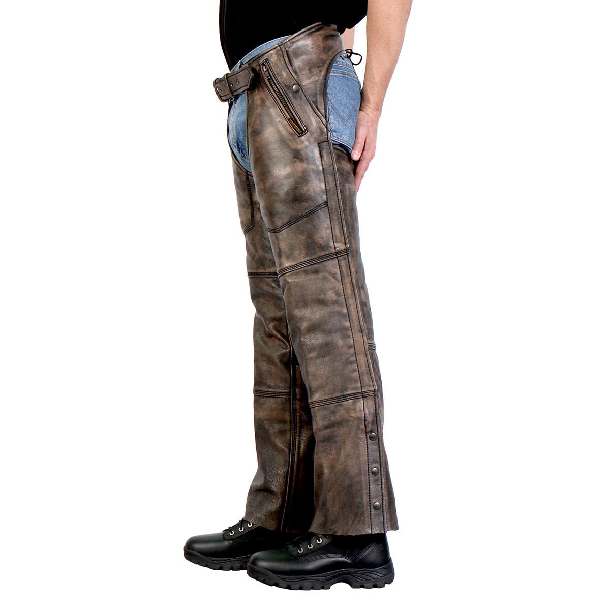 Premium Distressed Brown Motorcycle Leather Chaps for Men & Women - CHM1008 - X-Large - Durable Riding Gear for Harley, Cruiser & Adventure Bikes
