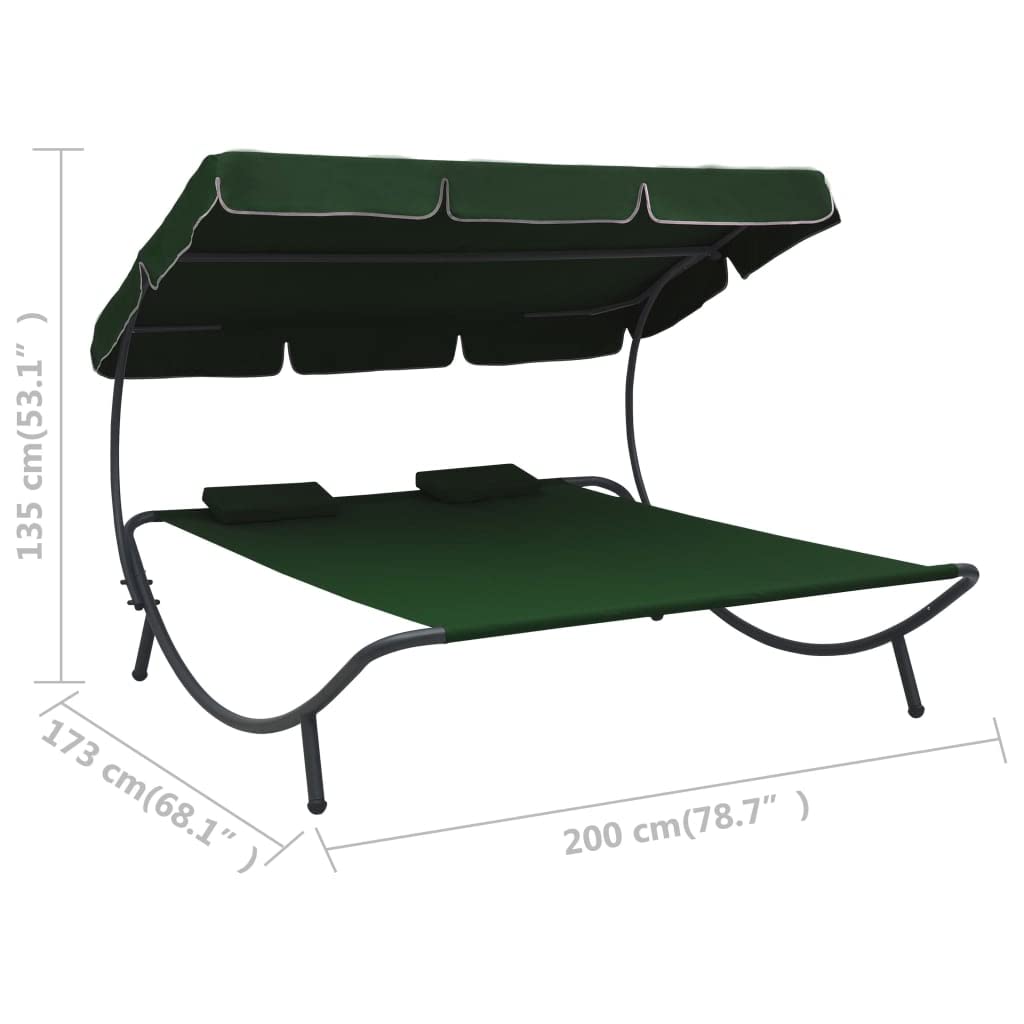 vidaXL Outdoor Double Chaise Lounge with Canopy & Pillows - Patio Daybed for Poolside, Lawn & Garden - Scandinavian Style Green Lounge Chair - Perfect for Sunbathing, Relaxing & Outdoor Entertaining