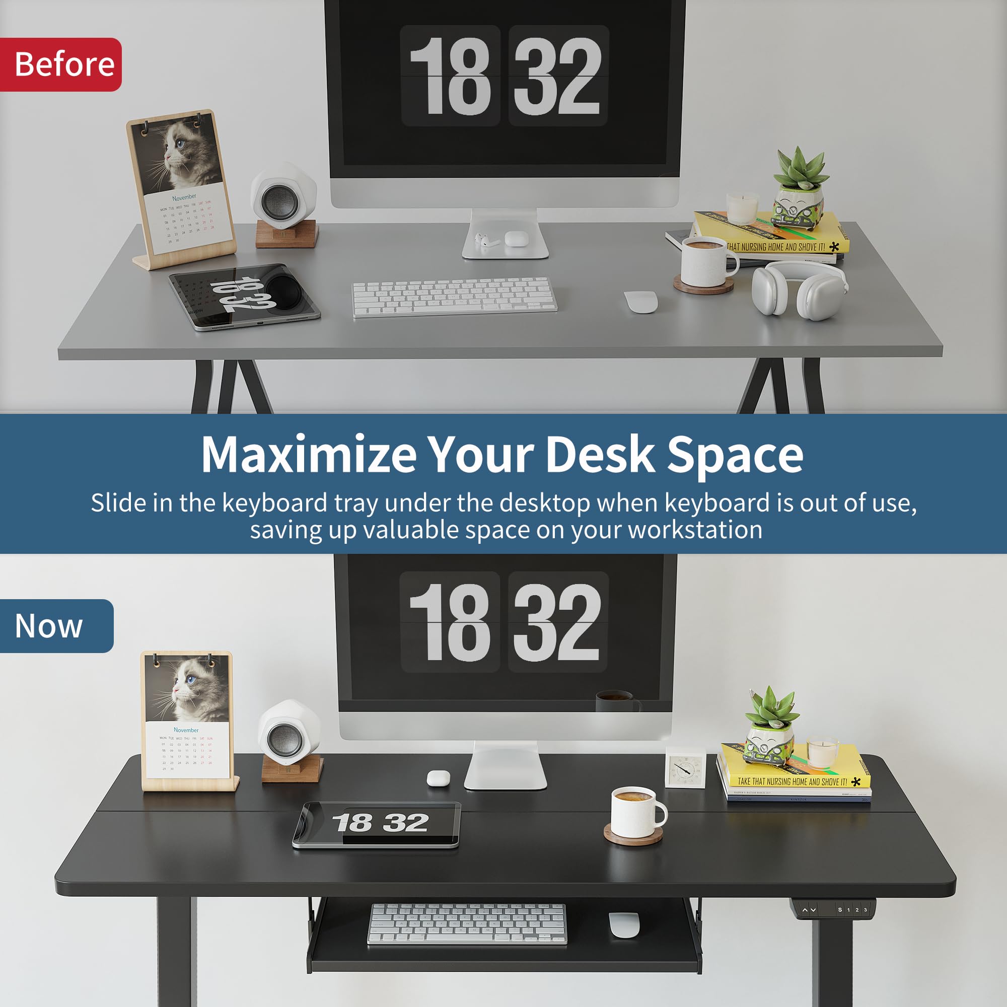 BANTI 55 x 24 Inch Electric Height Adjustable Standing Desk with Keyboard Tray | Sit Stand Workstation with Splice Board | Black Frame & Black Top | Perfect for Home Office & Gaming Setup