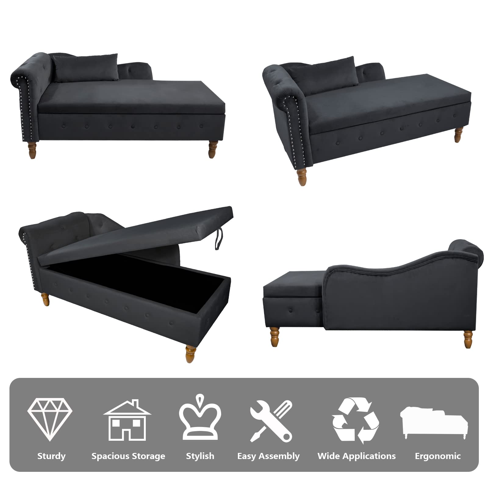 Setawix Velvet Chaise Lounge Chair with Storage - Tufted Ottoman Bench for Living Room, Bedroom & Office - Rolled Arm End of Bed Bench - Window Seat & Entryway Storage Solution (Black) - Perfect for Small Spaces, Reading Nooks & Home Decor