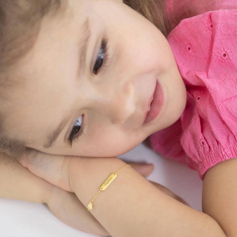 14K Yellow Gold Engravable Heart Charm ID Bracelet for Toddlers & Baby Girls - Personalized Name Tag Bracelet - Perfect for Birthdays, Christenings & Gifts