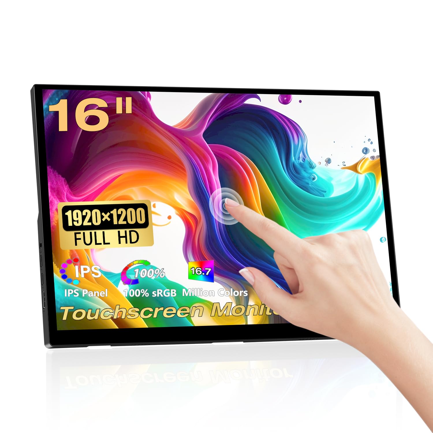 Pisichen 16 Inch Portable Touchscreen Monitor - 1920x1200P IPS Display with HDMI & USB-C Port, 300cd/m², External Second Screen for Laptop, PC, Phone, Xbox - Perfect for Work, Gaming & Travel