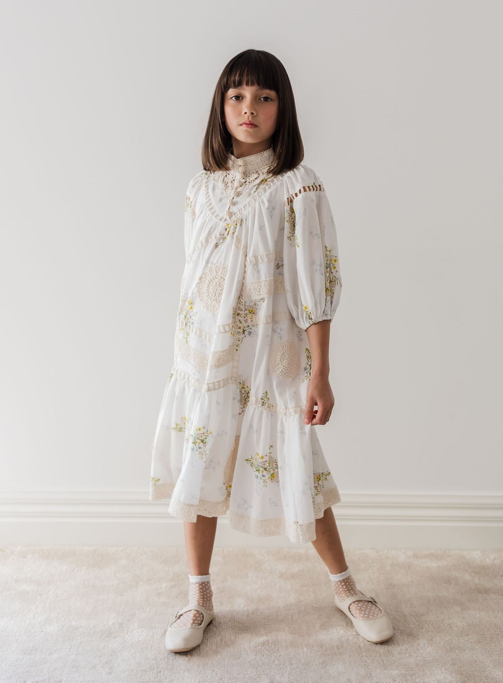 Petite Amalie Doily Applique Voile Spring Meadow Print Dress - Floral Summer Dress for Women, Boho Chic Style, Perfect for Garden Parties & Outdoor Events