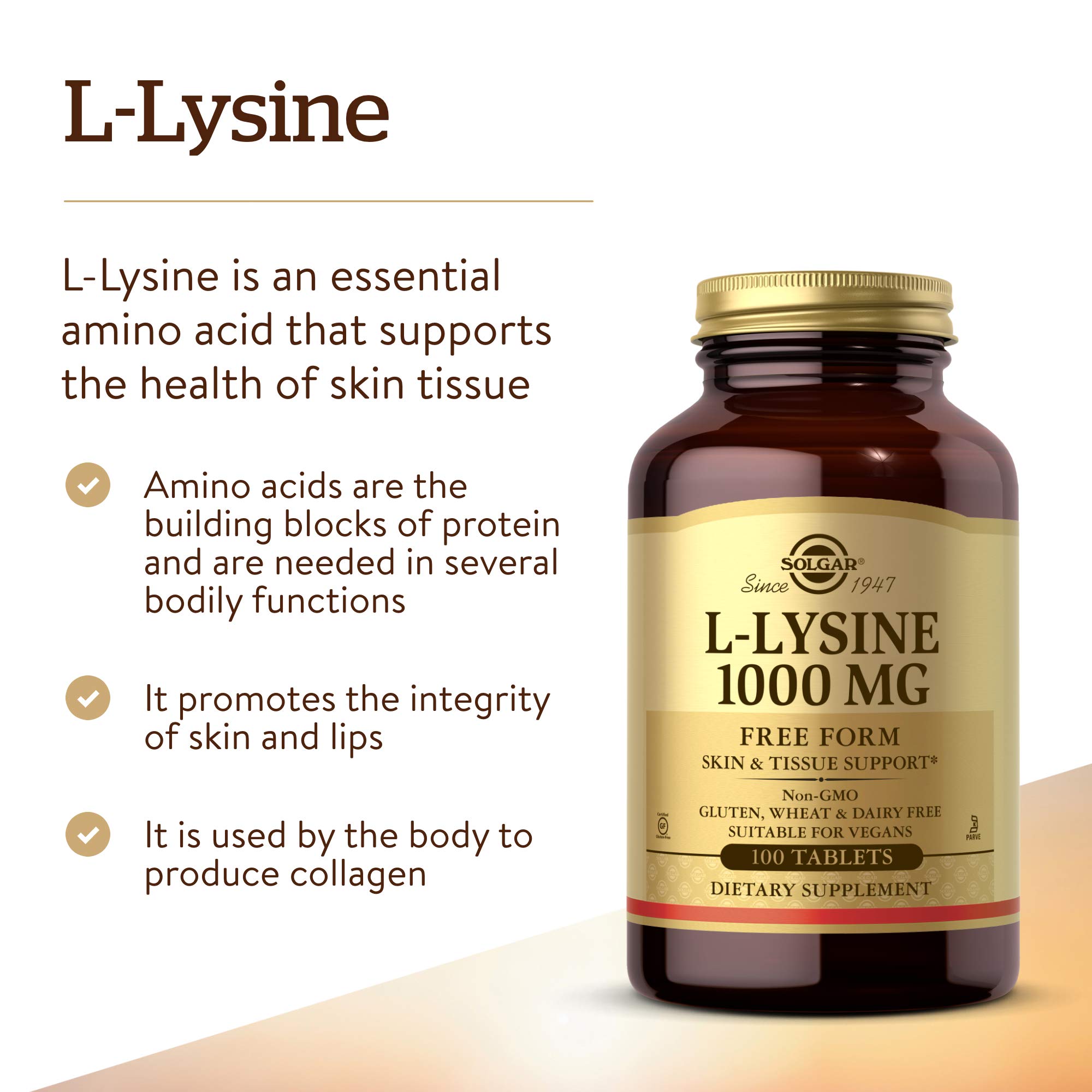 Solgar L-Lysine 1000mg Amino Acid Supplement - 100 Vegan Tablets for Collagen Production, Skin & Lip Health - Enhanced Absorption Formula - Non-GMO, Gluten Free - Supports Immune Function & Tissue Repair - Ideal for Athletes, Vegans & Beauty Routines