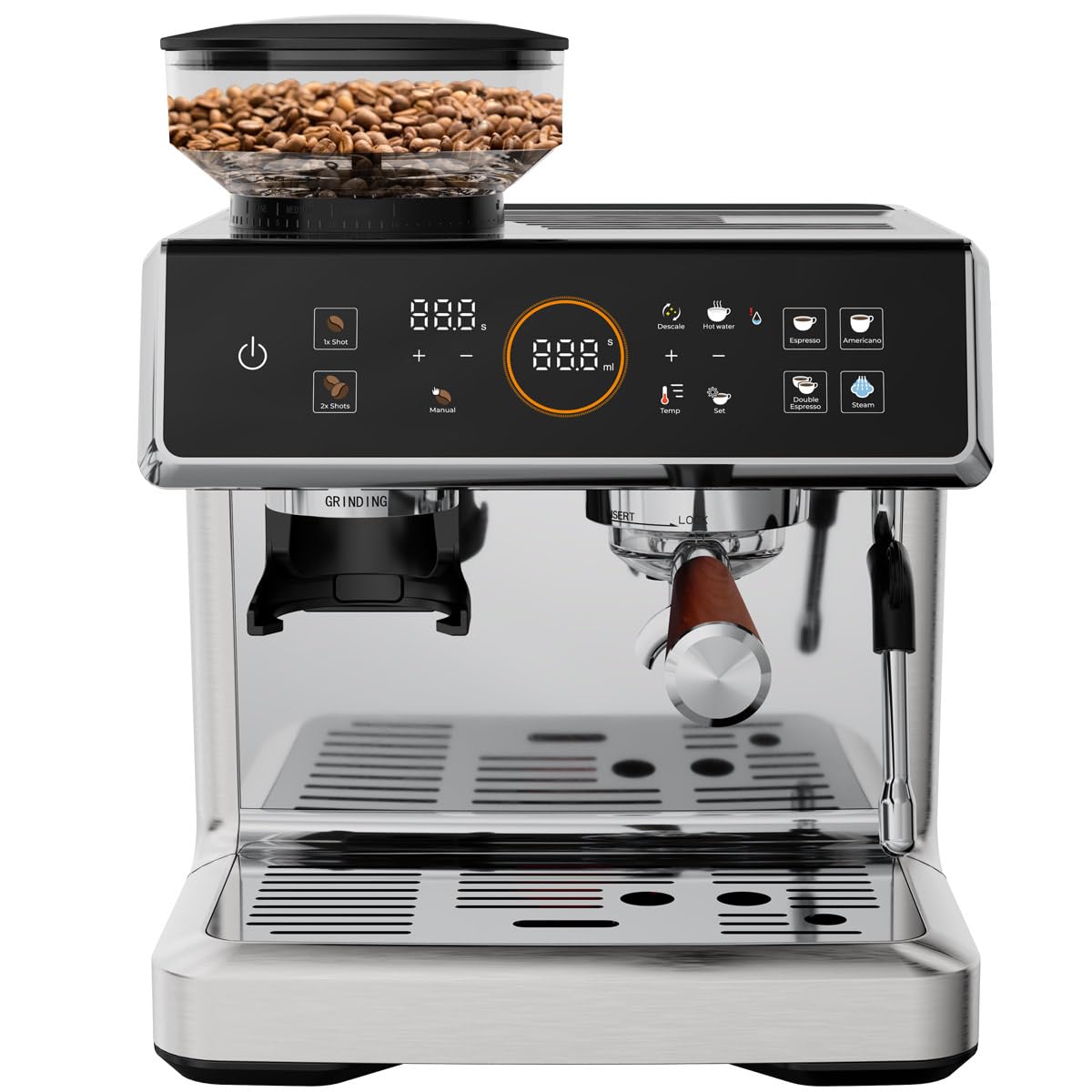 YAAKOV Semi-Automatic Espresso Machine with Built-in Coffee Grinder & Milk Frother - Commercial Steam Wand for Perfect Lattes & Cappuccinos - Ideal for Home Baristas & Coffee Shops