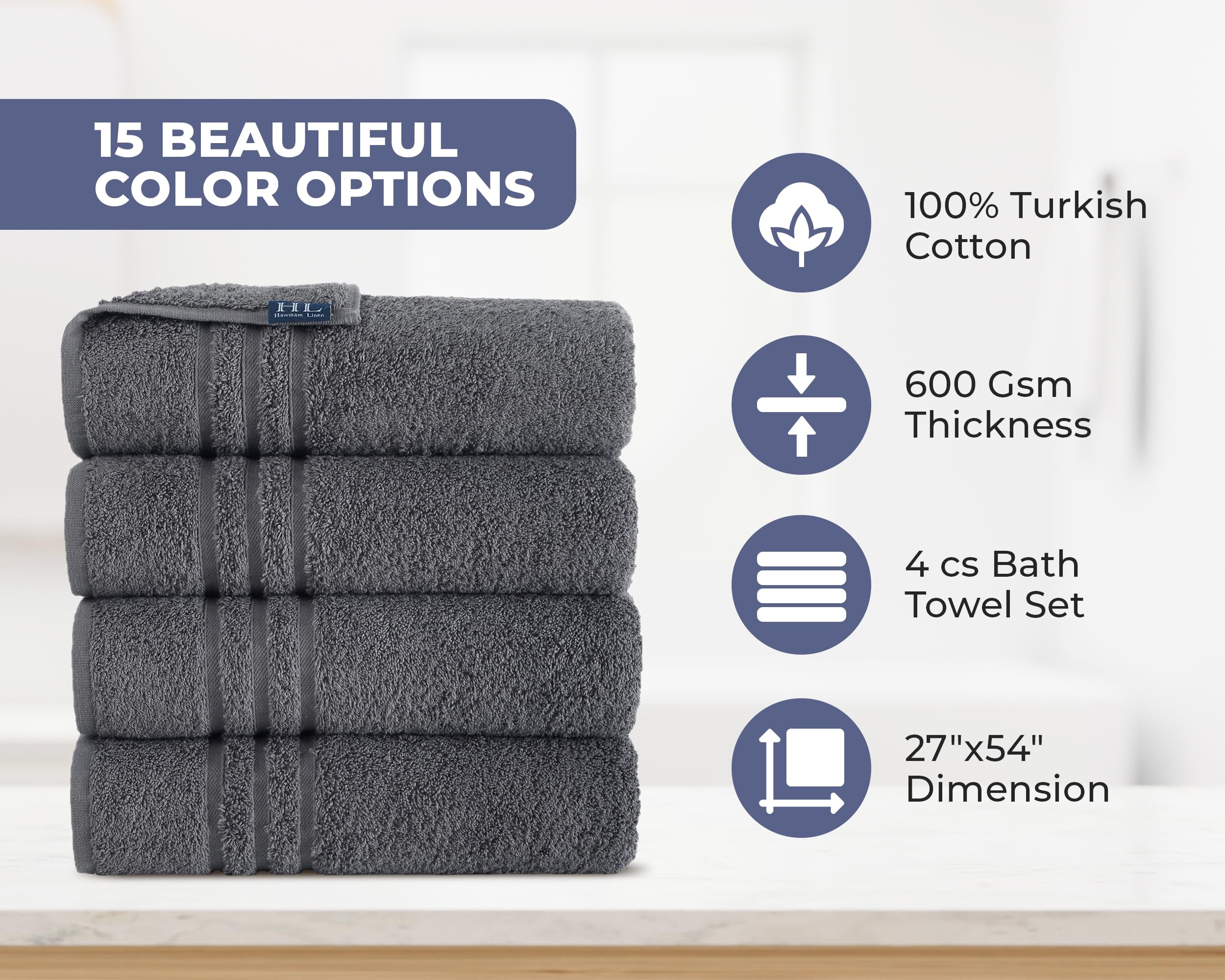 Premium 4-Pack Hawmam Grey Linen Bath Towels - Ultra Soft, Highly Absorbent & Quick-Drying Cotton Towels (27x54 Inch) for Spa, Gym & Luxury Bathroom Use