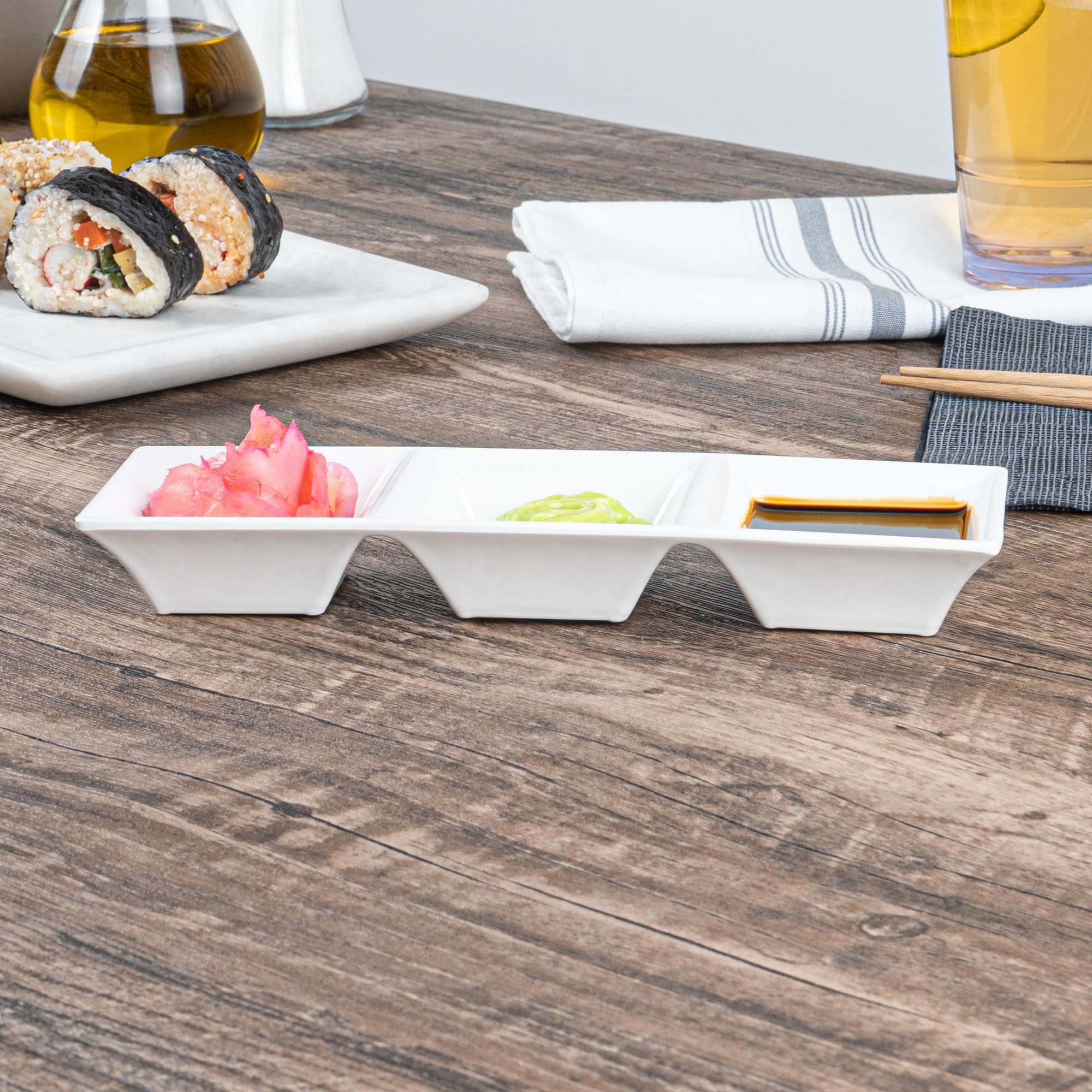 Voga 5 oz Square Melamine Serving Dishes - 3-Compartment Appetizer Plates for Dips, Snacks & Condiments | Party & Event Tableware | Durable White Restaurantware (Set of 10)
