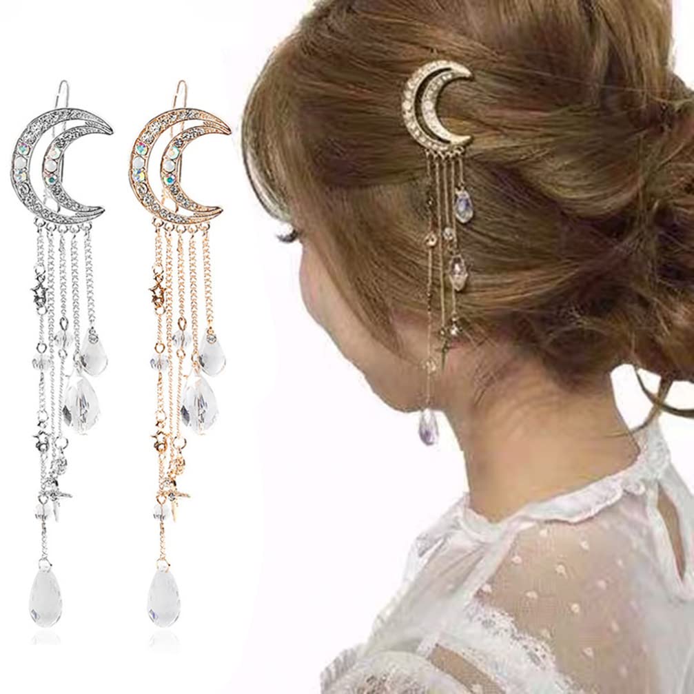 Moon Tassel Hair Clips 2pcs - Rhinestone Crystal Bobby Pins with Dangling Charms, Elegant Bridal Hair Accessories for Women, Wedding, Prom & Special Occasions