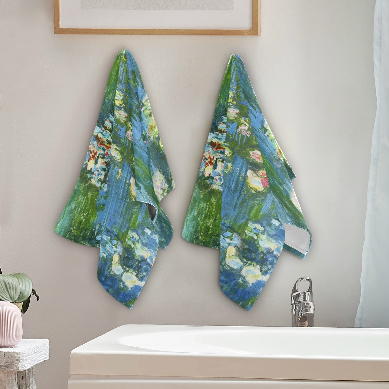 Monet Water Lilies Willow Hand Towel Set - Ultra Absorbent Bath Towels 14.4 x 28.3 Inch for Bathroom, Kitchen & Guest Room Decor