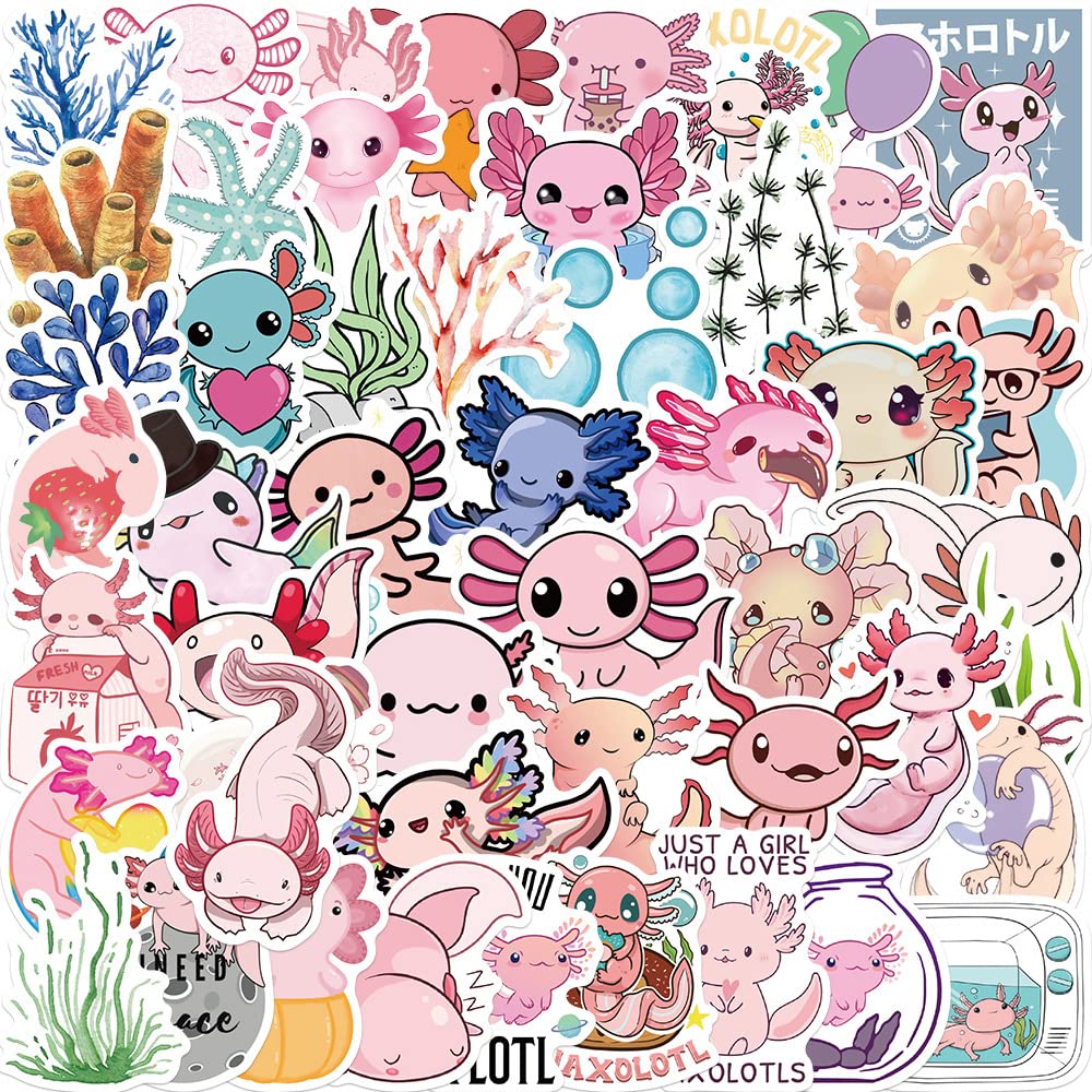 50Pcs Cute Axolotl Stickers - Kawaii Animal Decals for Laptop, Water Bottle, Phone & Skateboard - Trendy Sticker Pack Gift for Kids, Girls & Teens - Perfect for School Supplies, DIY Crafts & Personalizing Accessories