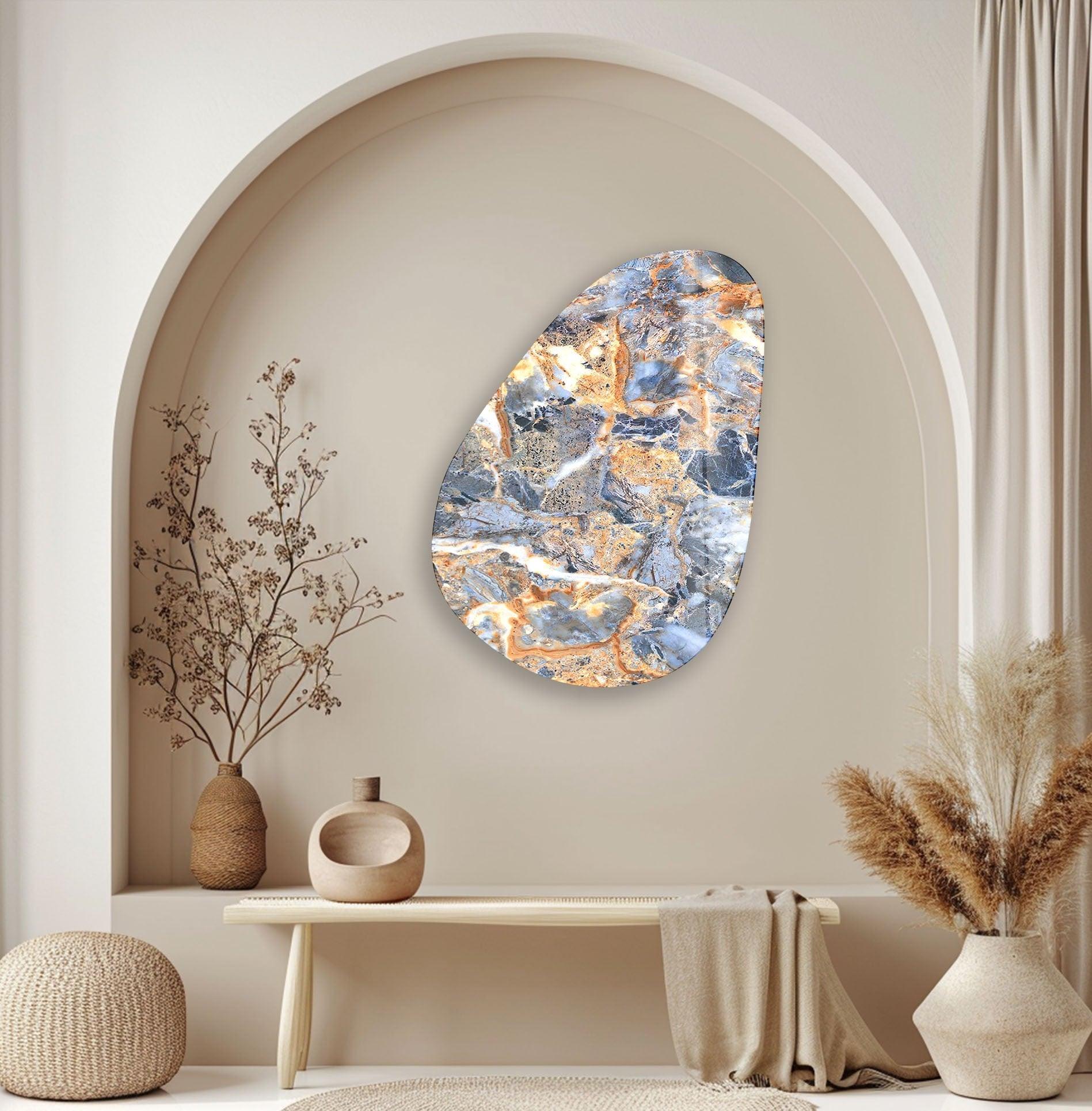 Handmade Asymmetrical Oval Blue & Orange Marble Glass Wall Art - Modern Abstract Home Decor for Living Room, Bedroom & Office