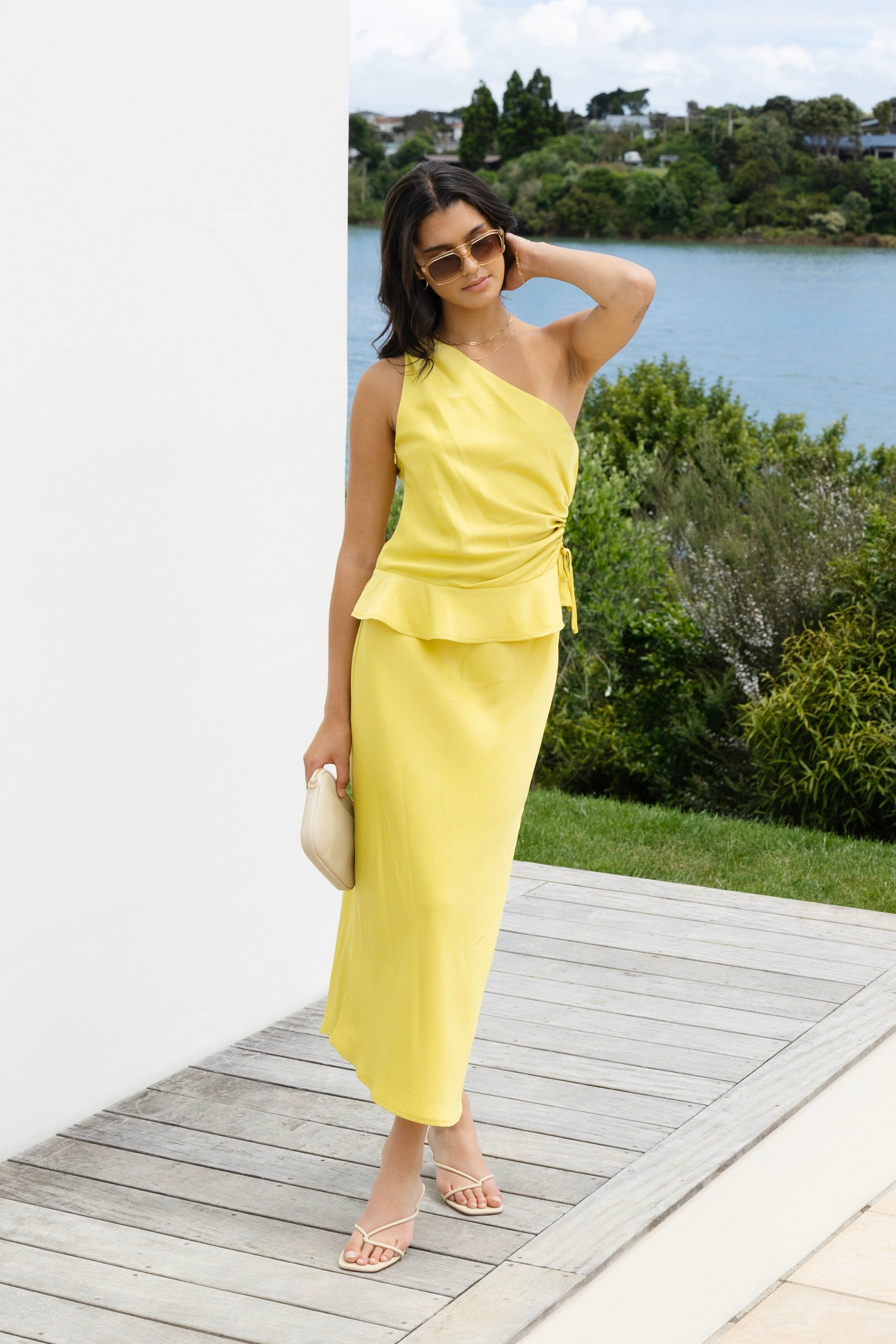 Stylish Collide Citron Satin Bias Cut Midi Skirt for Women - Perfect for Summer Parties, Date Nights & Office Wear