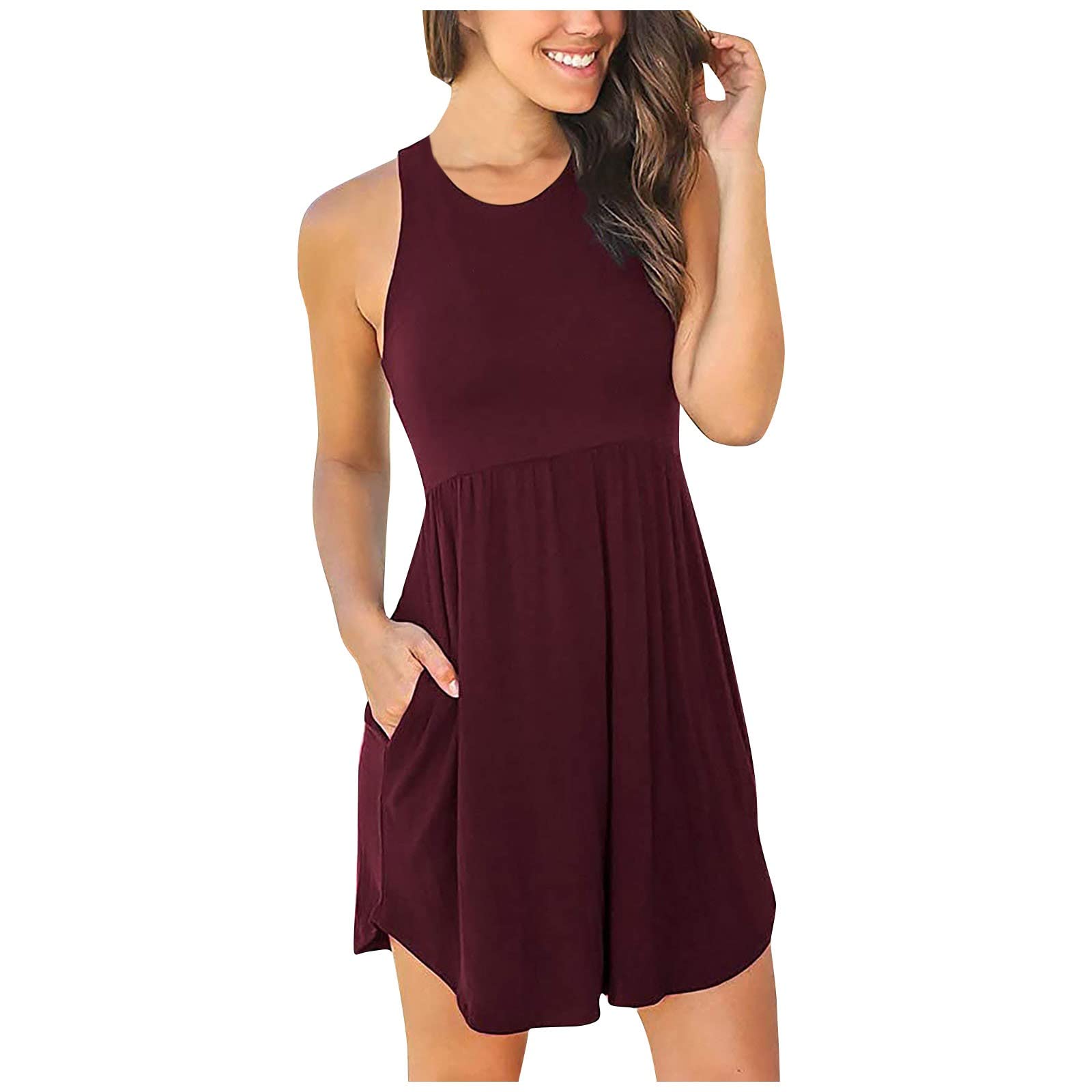 Women's Spring Swing Pleated Cami Dress - Sleeveless Loose Fit Mini Sundress with Pockets for Prom, Party & Casual Wear | Flattering Crewneck Design for Outdoor Events & Summer Vacations