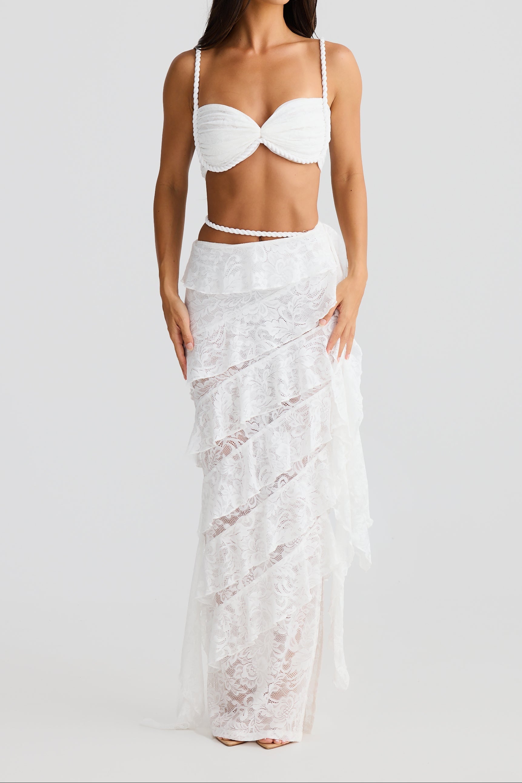 Handmade Rope Crop Top & Lace Skirt Set - White Summer Outfit for Beach, Vacation & Boho Fashion