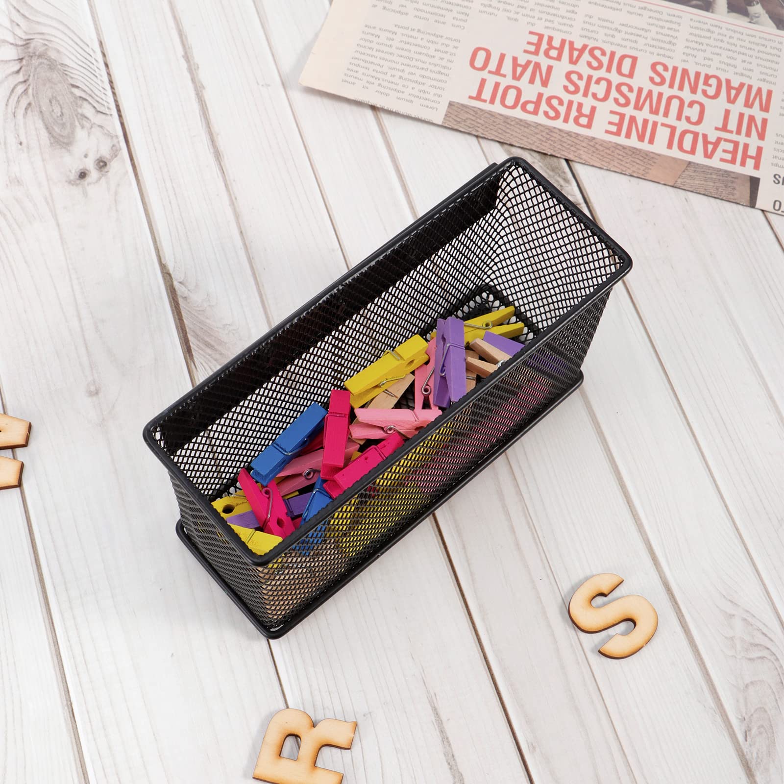 Black Magnetic Mesh Storage Basket Organizer with 5 Strong Magnets - 6.29'' × 2.28'' × 3.54'' Magnetic Pen Holder for Refrigerator, Locker, Whiteboard & Office Organization | Perfect for Kitchen, Bathroom, Dorm & Workspace Storage