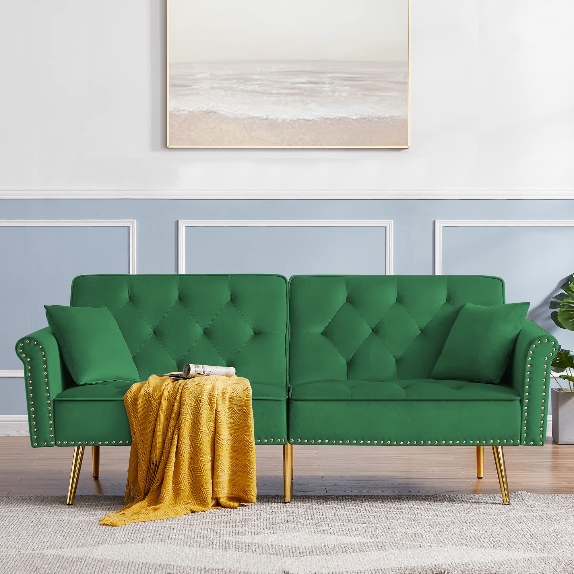 Kevinplus Velvet Loveseat Sofa Bed - Modern Convertible Folding Tufted 2-Seater Sleeper Couch with 2 Pillows, Green | Space-Saving Futon for Small Apartments, Dorms, Living Rooms & Bedrooms | Perfect for Lounging, Guest Sleeping & Compact Spaces