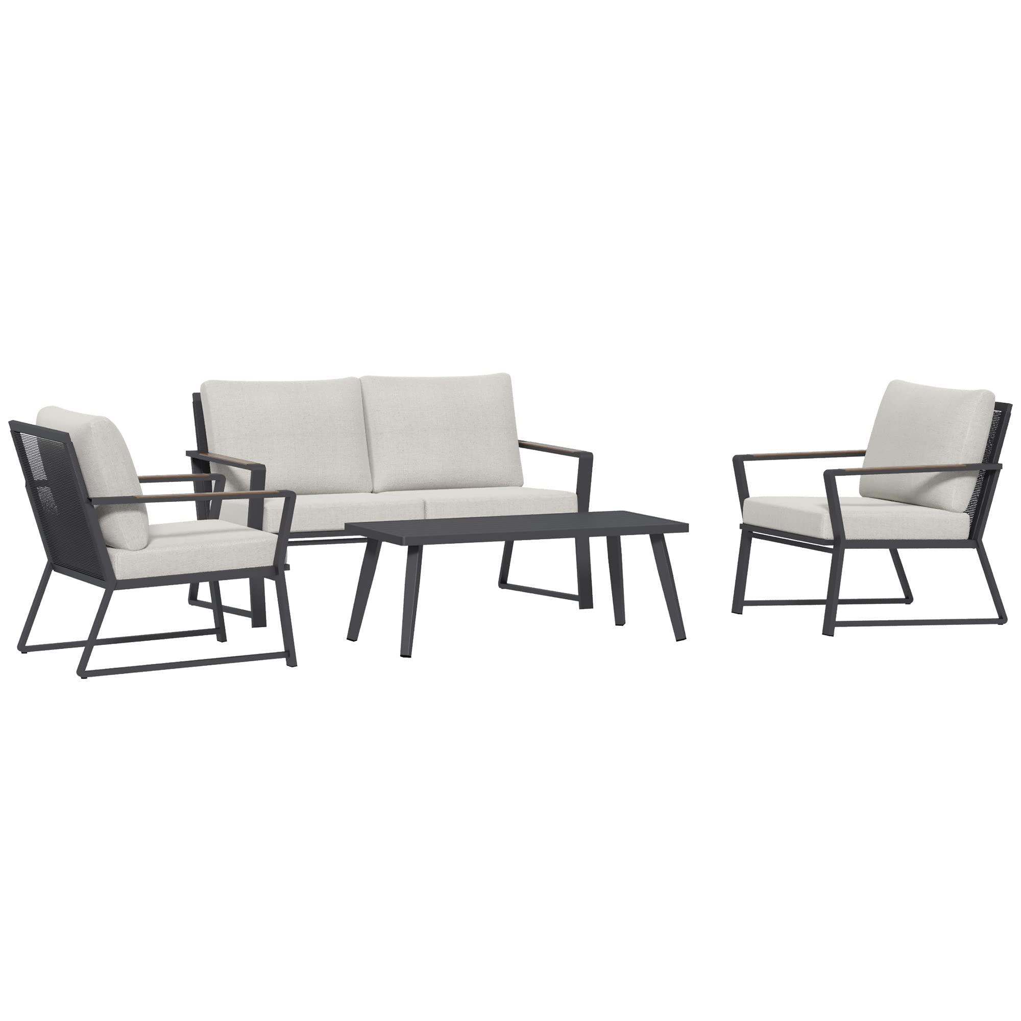Outsunny 4-Piece Patio Furniture Set - Aluminum Outdoor Conversation Set with Sofa, Armchairs, Coffee Table & Cushions - Cream White - Perfect for Garden, Backyard, Poolside & Patio Relaxation