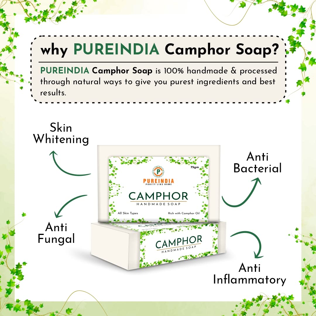 Pureindia Camphor Soap - Handmade Natural Soap with Pure Camphor Powder & Oil, Set of 5 (100g Each) | Aromatherapy, Meditation & Relaxation, Skin Cleansing & Purifying