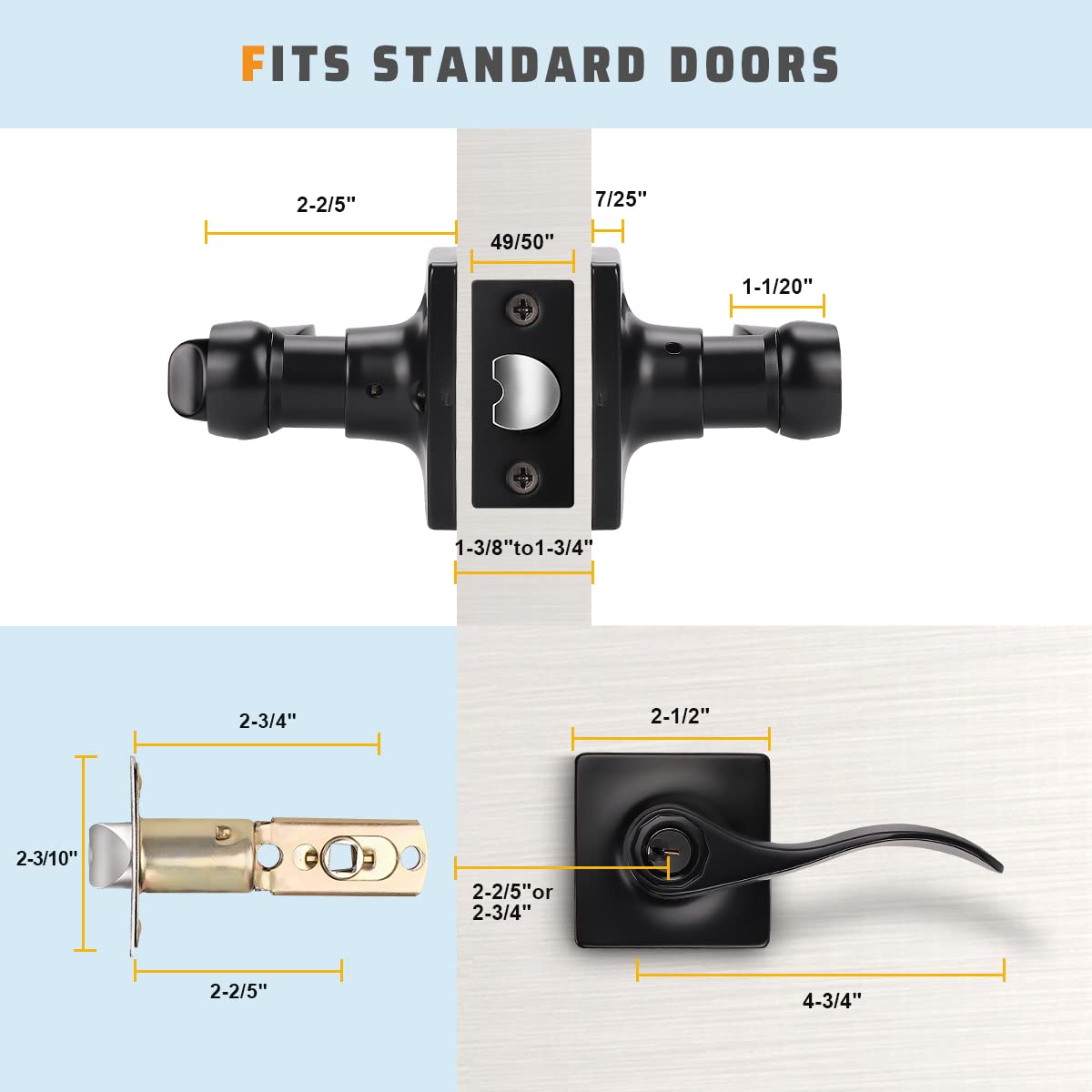 KNOBWELL 3 Pack Matte Black Door Handle Sets with Lock - Interior & Exterior Lever Handles for Front Doors, Bedrooms, Bathrooms - Keyed Entry for Home Security & Privacy