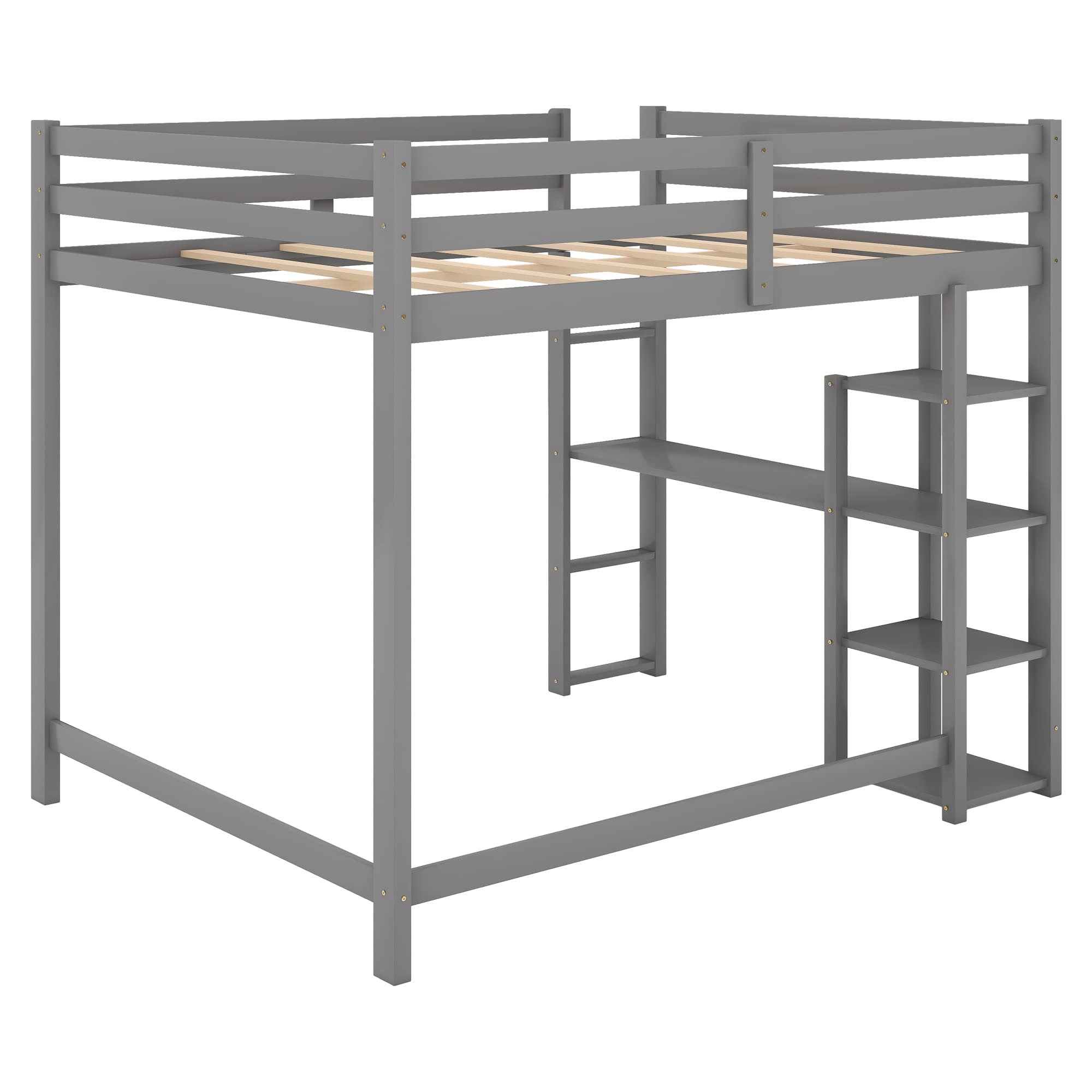 SOFTSEA Full Size Loft Bed with Storage Shelves & Under Bed Desk - Solid Wood Space Saving Bed Frame for Kids, Teens & Juniors - Grey - Perfect for Small Bedrooms, Dorm Rooms & Studio Apartments
