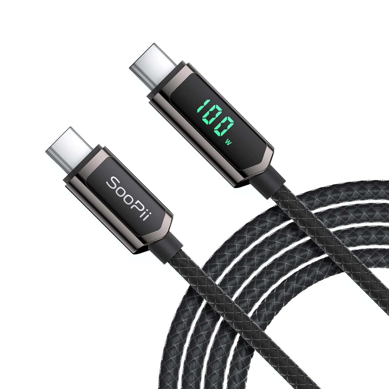 SooPii 4FT USB C to USB C Cable - 100W PD Fast Charging, Nylon Braided Type-C Cable with LED Display for iPad Mini/Air/Pro, MacBook Pro, Samsung Galaxy S22/S10, Pixel, LG - Perfect for Home, Office & Travel Charging