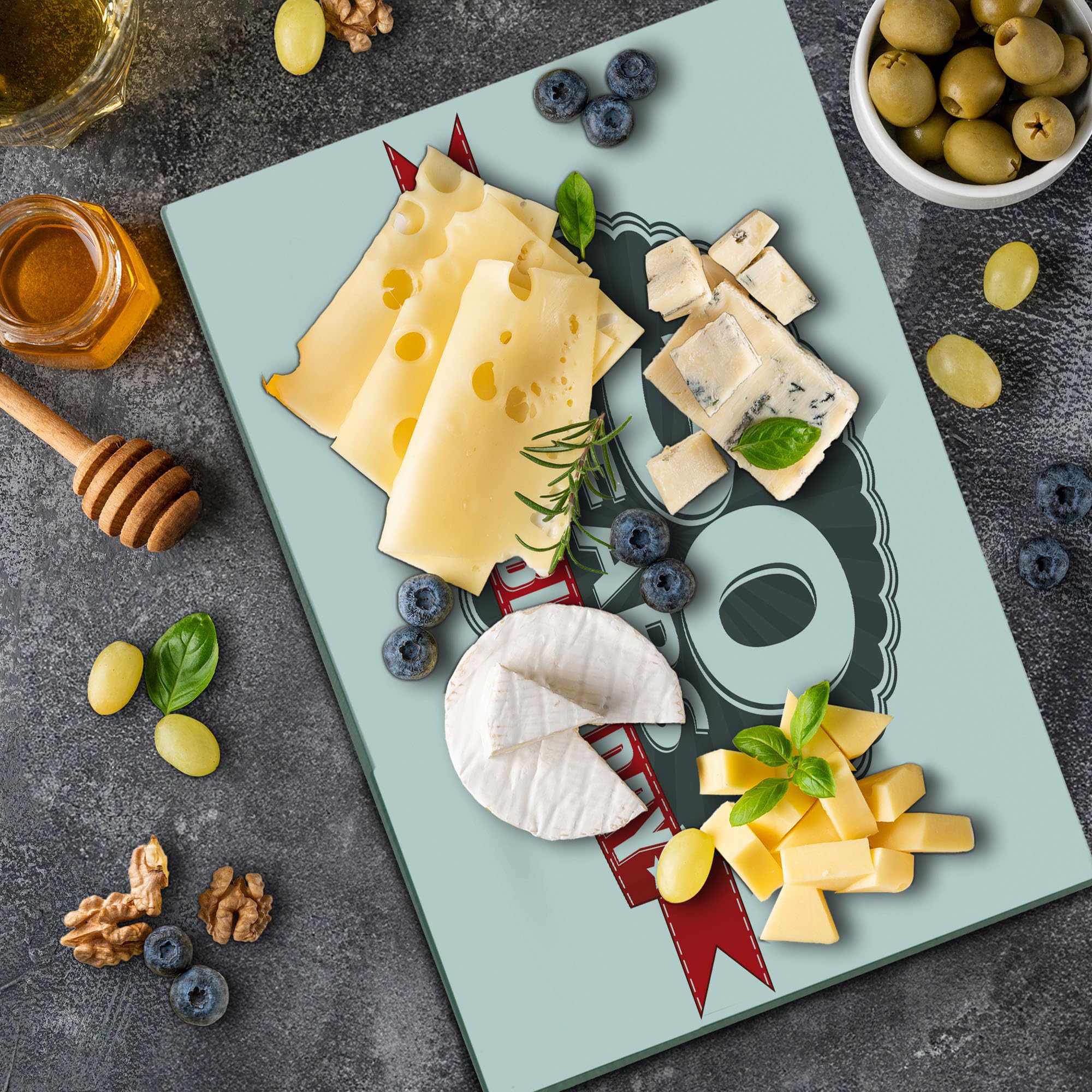Ambesonne 50th Birthday Cutting Board - Retro Red Ribbon Classic Design Tempered Glass Serving Board - Large Grey Red White - Perfect for Anniversary Gifts & Party Decor