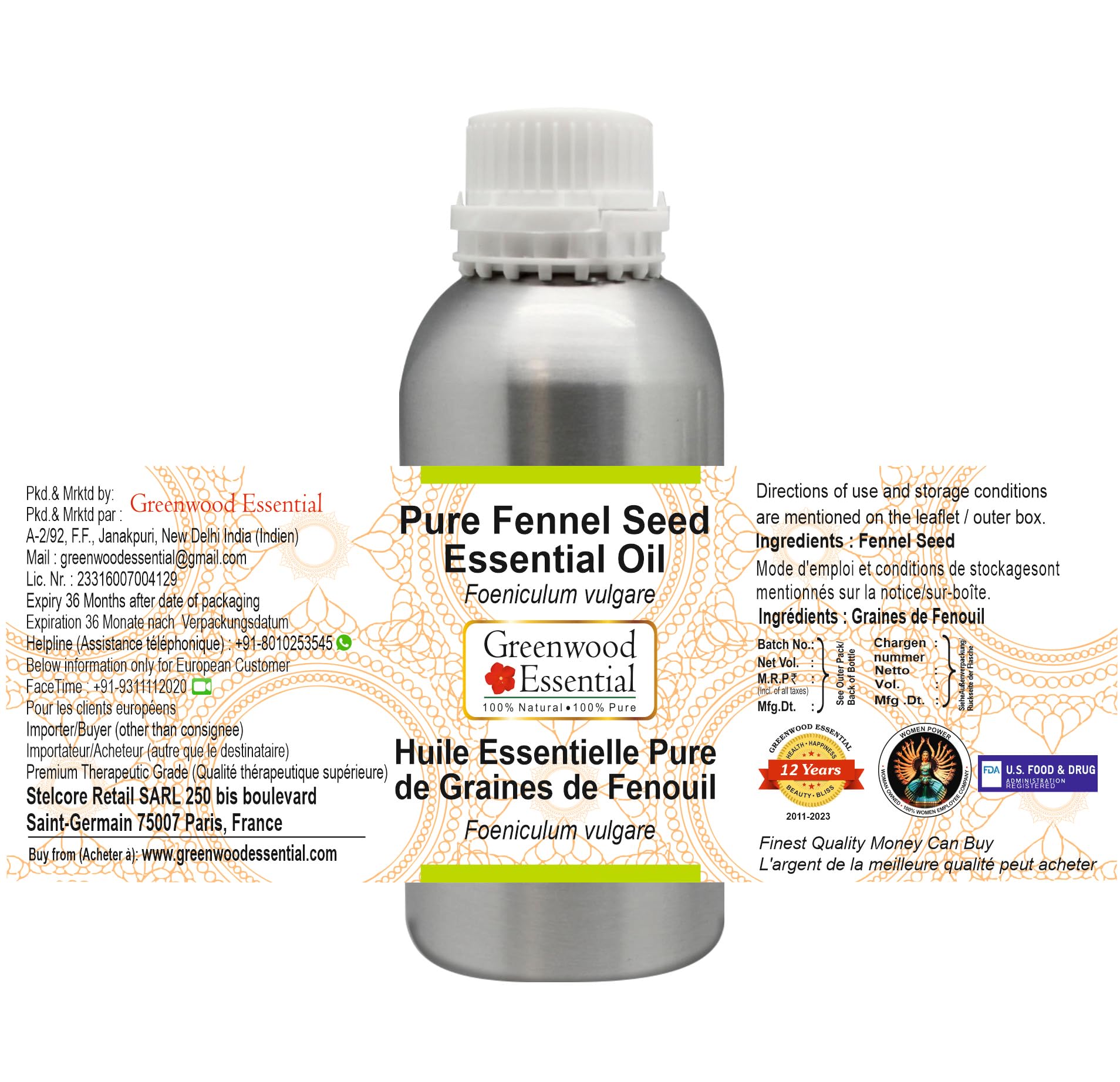 Pure Fennel Seed Essential Oil (Foeniculum vulgare) - 100% Natural, Steam Distilled - 42.2 oz (1250ml) Large Bottle - Aromatherapy, Massage & DIY Skincare