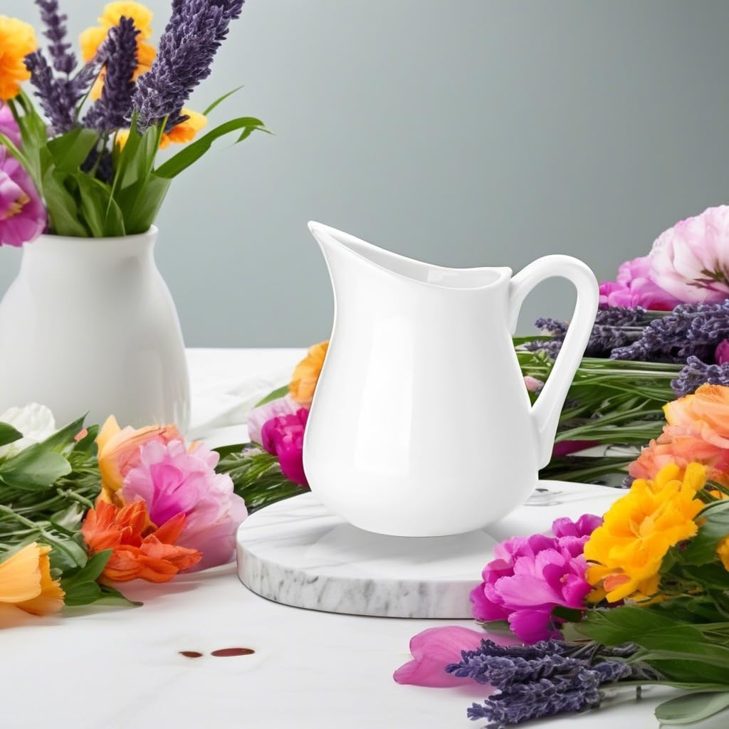Nucookery 12 Oz White Ceramic Creamer with Handle - Microwave & Freezer Safe Coffee Milk Pitcher for Sauces, Salad Dressing & Beverages - Perfect for Home, Cafe & Restaurant Use (Set of 1)