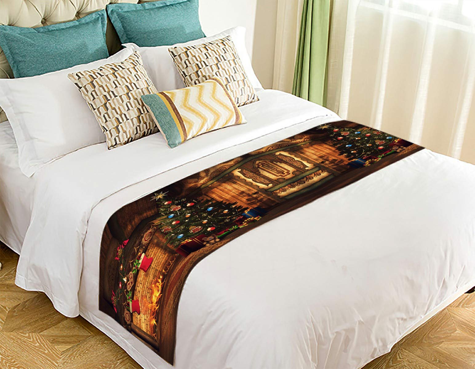 ECZJNT Fairytale Cottage Christmas Tree Colorful Gifts - 20x95 Inch Fireplace Bed Runner Scarf for Holiday Home Decor (Perfect for Fireplace Mantel, Bed Dressing, and Christmas Tree Skirt)