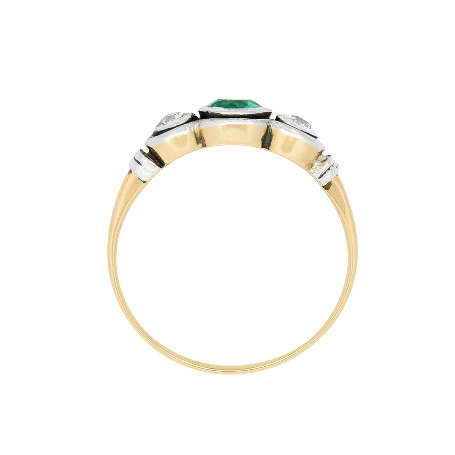 Victorian Style 14k Gold & Sterling Silver Emerald and Diamond Three Stone Ring - Elegant Jewelry for Weddings, Anniversaries & Special Occasions
